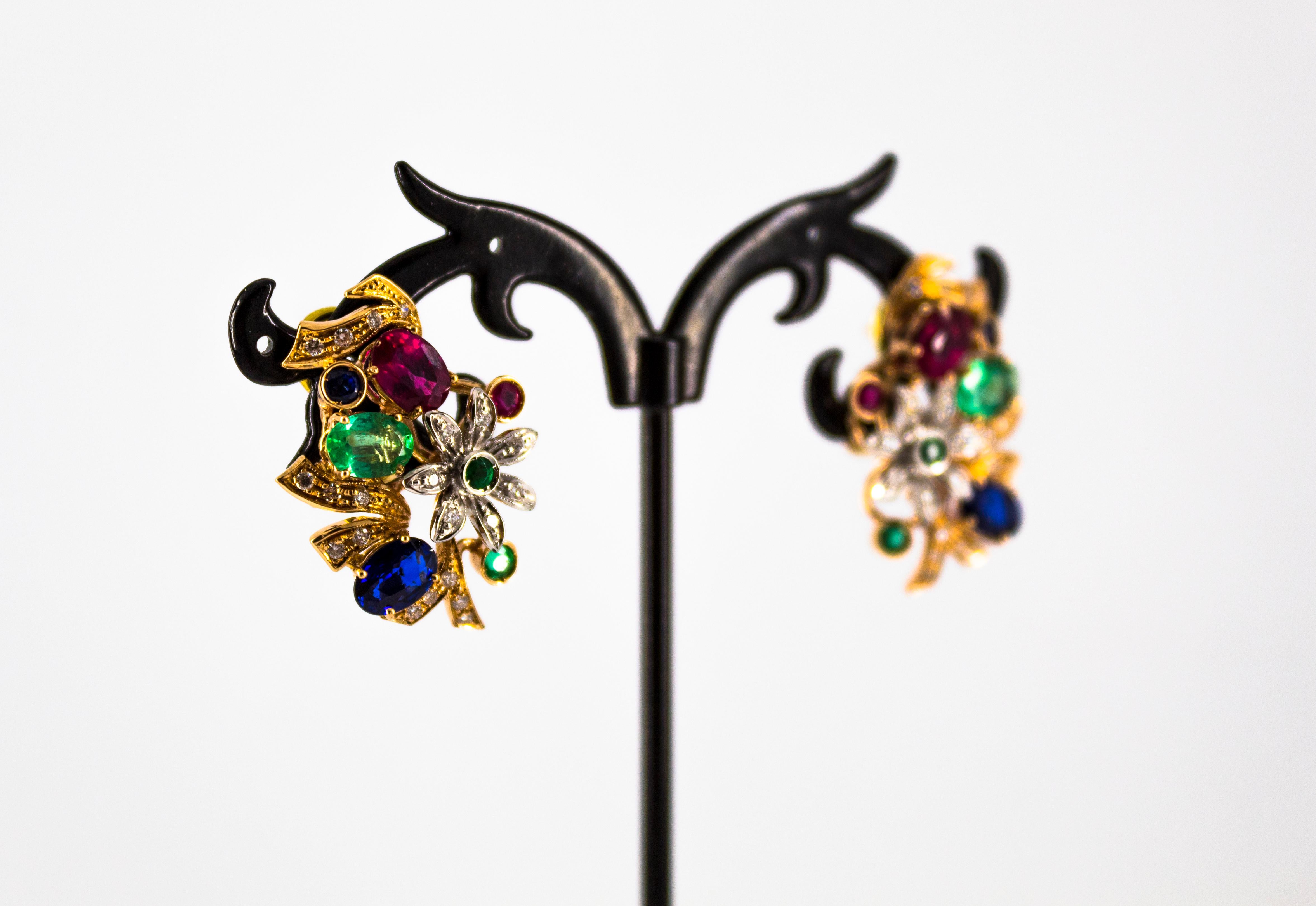 Art Nouveau Style White Diamond Emerald Ruby Blue Sapphire Yellow Gold Earrings For Sale 2