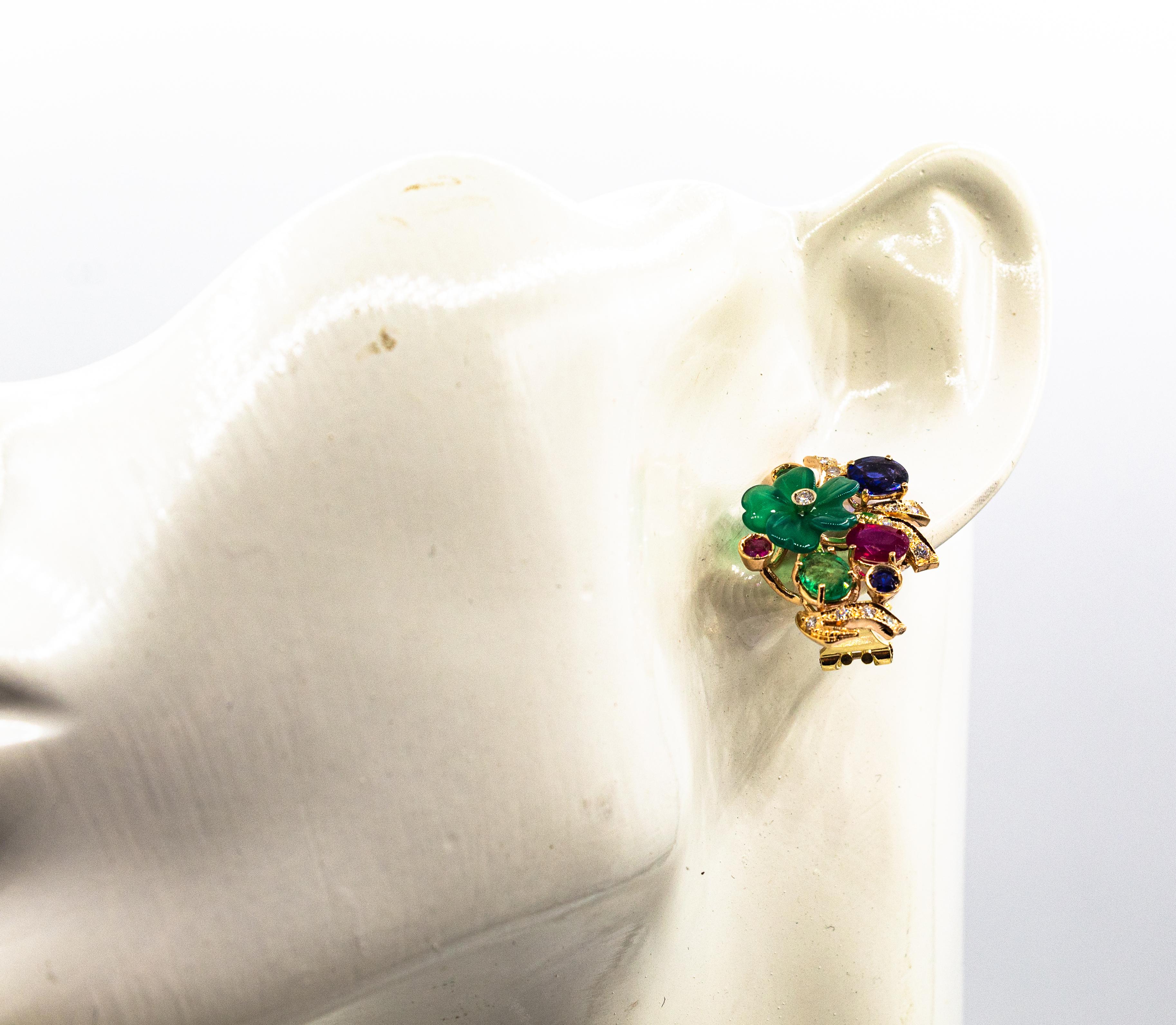 Art Nouveau Style White Diamond Emerald Ruby Blue Sapphire Yellow Gold Earrings For Sale 3