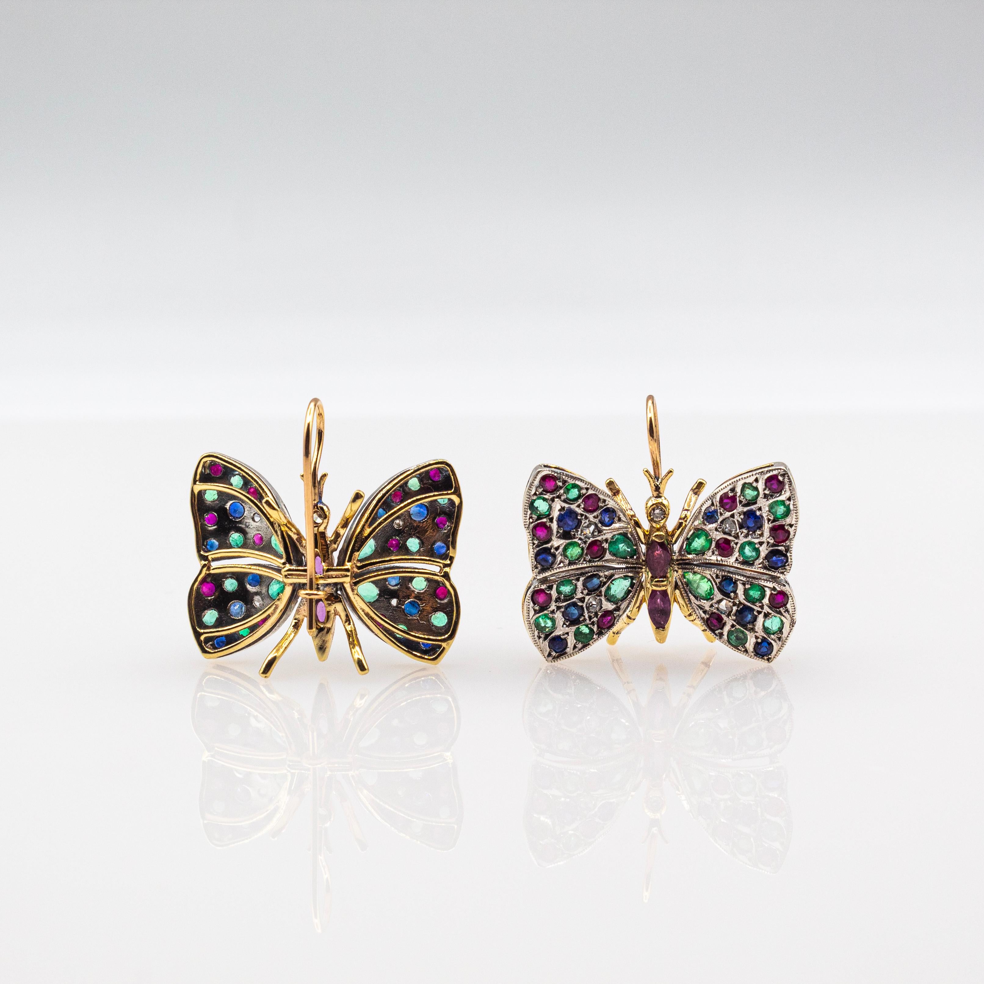 Boucles d'oreilles en or jaune de style Art nouveau avec diamant blanc, émeraude, rubis et saphir bleu en vente 3