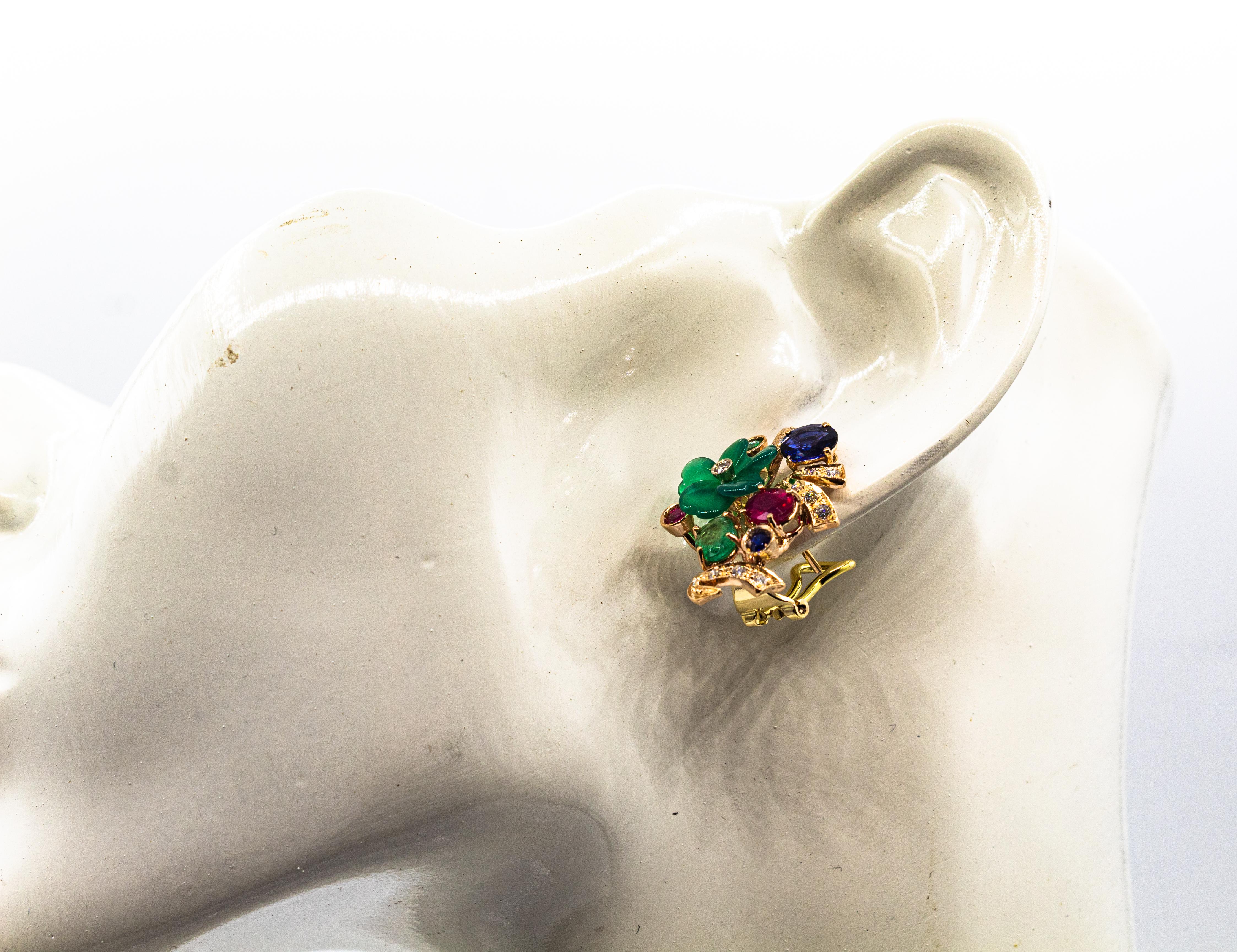 Gelbgold-Ohrringe im Jugendstil mit weißem Diamanten, Smaragd, Rubin und blauem Saphir im Angebot 3