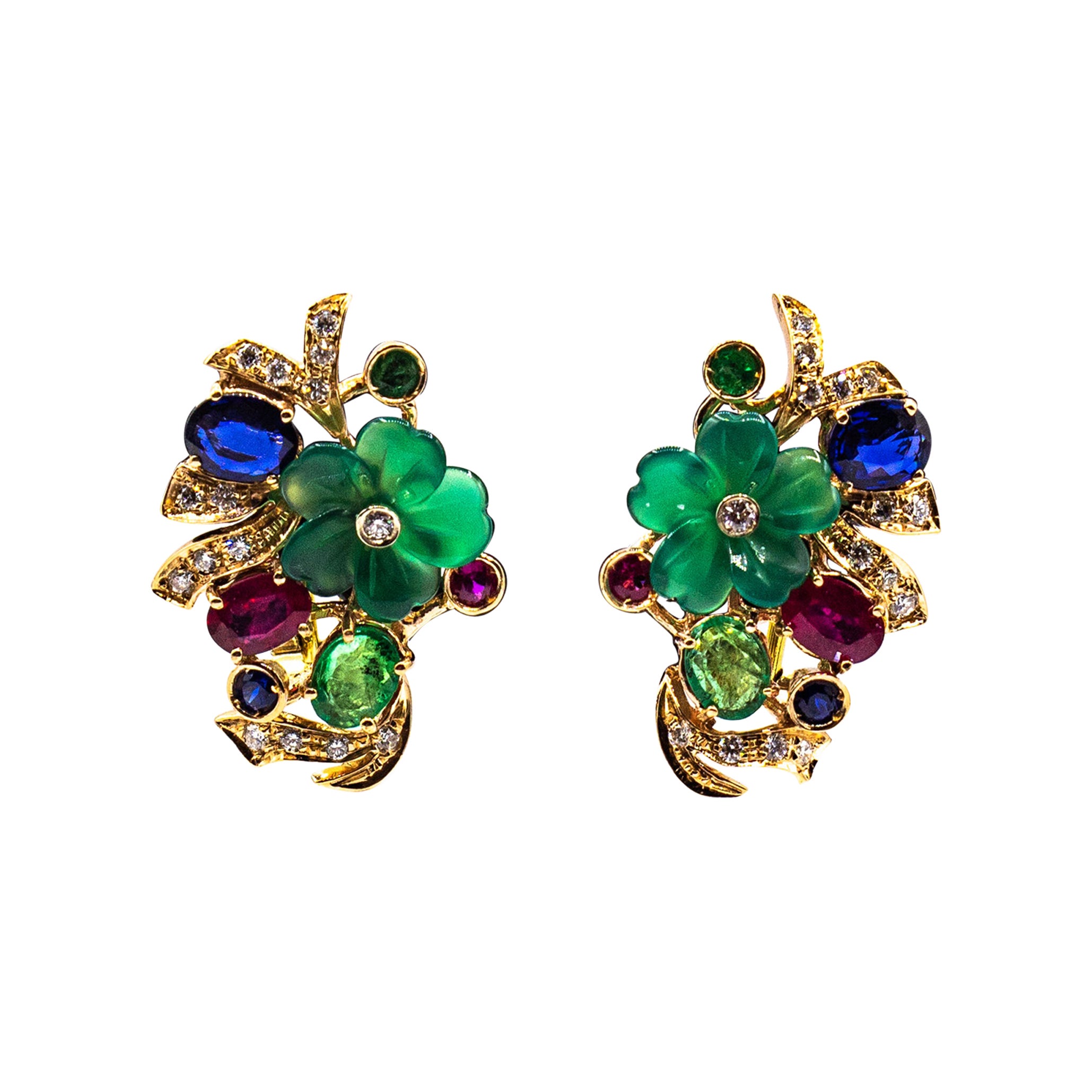 Orecchini in stile Art Nouveau in oro giallo con diamante bianco, smeraldo, rubino e zaffiro blu