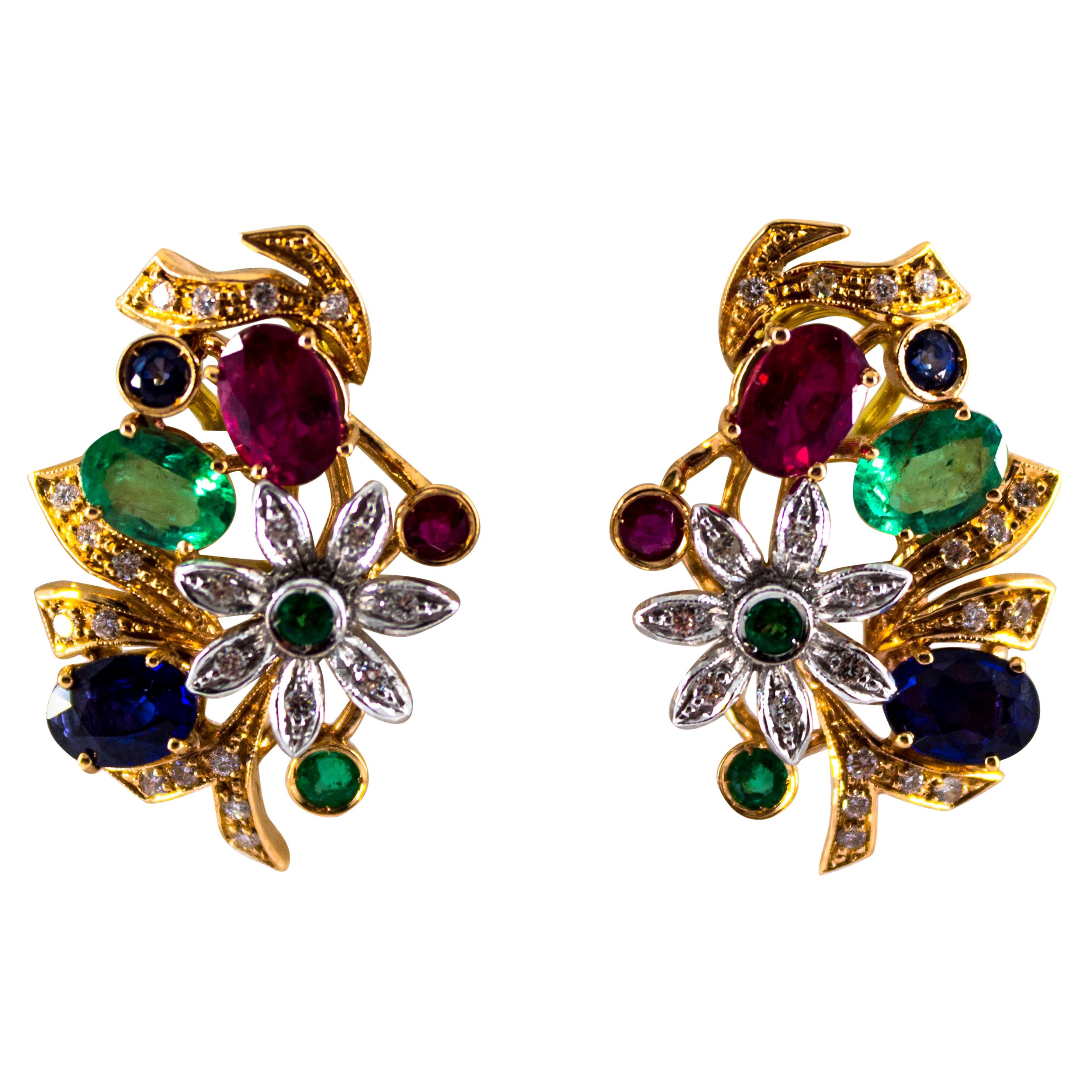 Gelbgold-Ohrringe im Jugendstil mit weißem Diamanten, Smaragd, Rubin und blauem Saphir