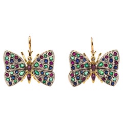 Art Nouveau Style White Diamond Emerald Ruby Blue Sapphire Yellow Gold Earrings