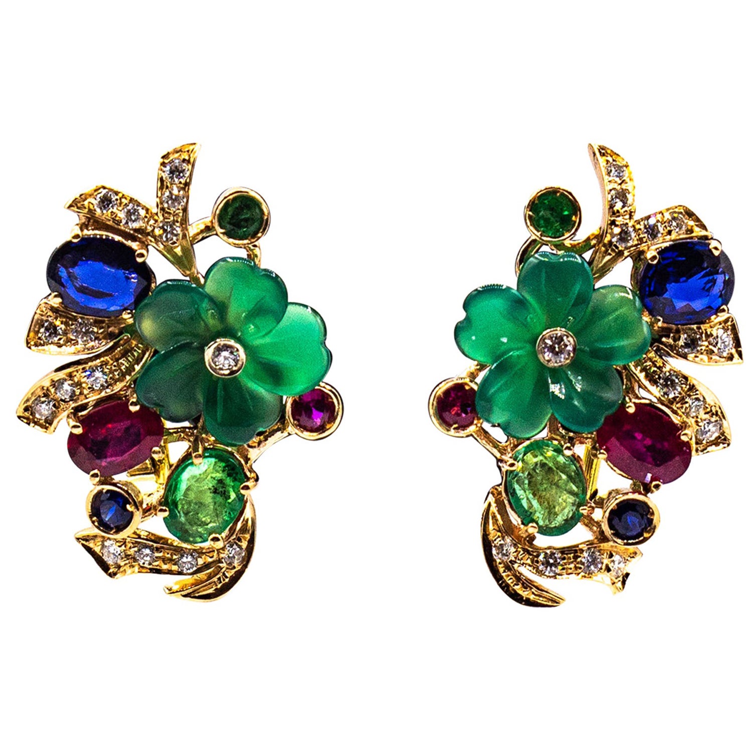 Orecchini in stile Art Nouveau in oro giallo con diamante bianco, smeraldo, rubino e zaffiro blu