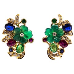 Art Nouveau Style White Diamond Emerald Ruby Blue Sapphire Yellow Gold Earrings