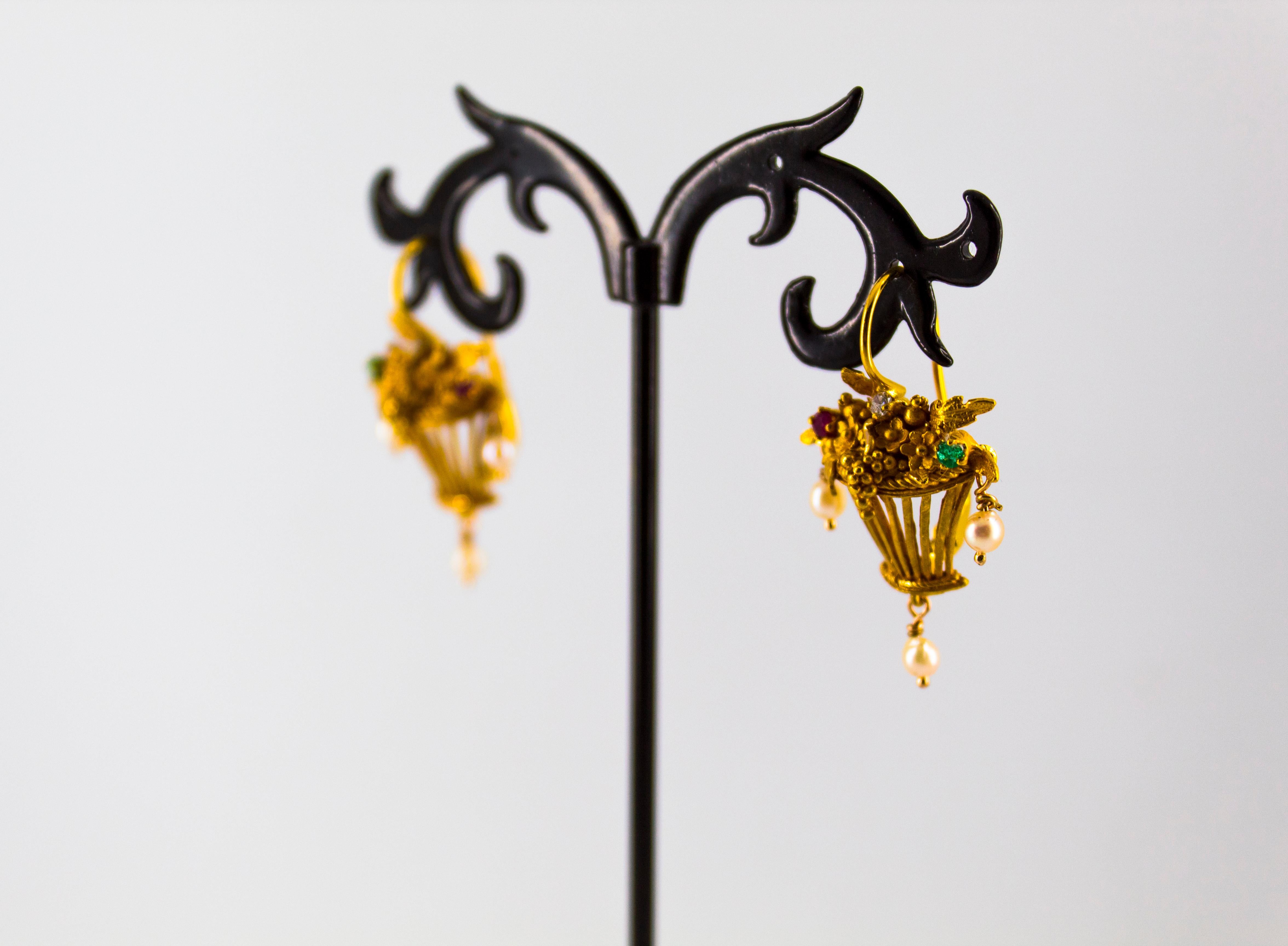 Art Nouveau Style White Diamond Emerald Ruby Pearl Yellow Gold Dangle Earrings For Sale 5