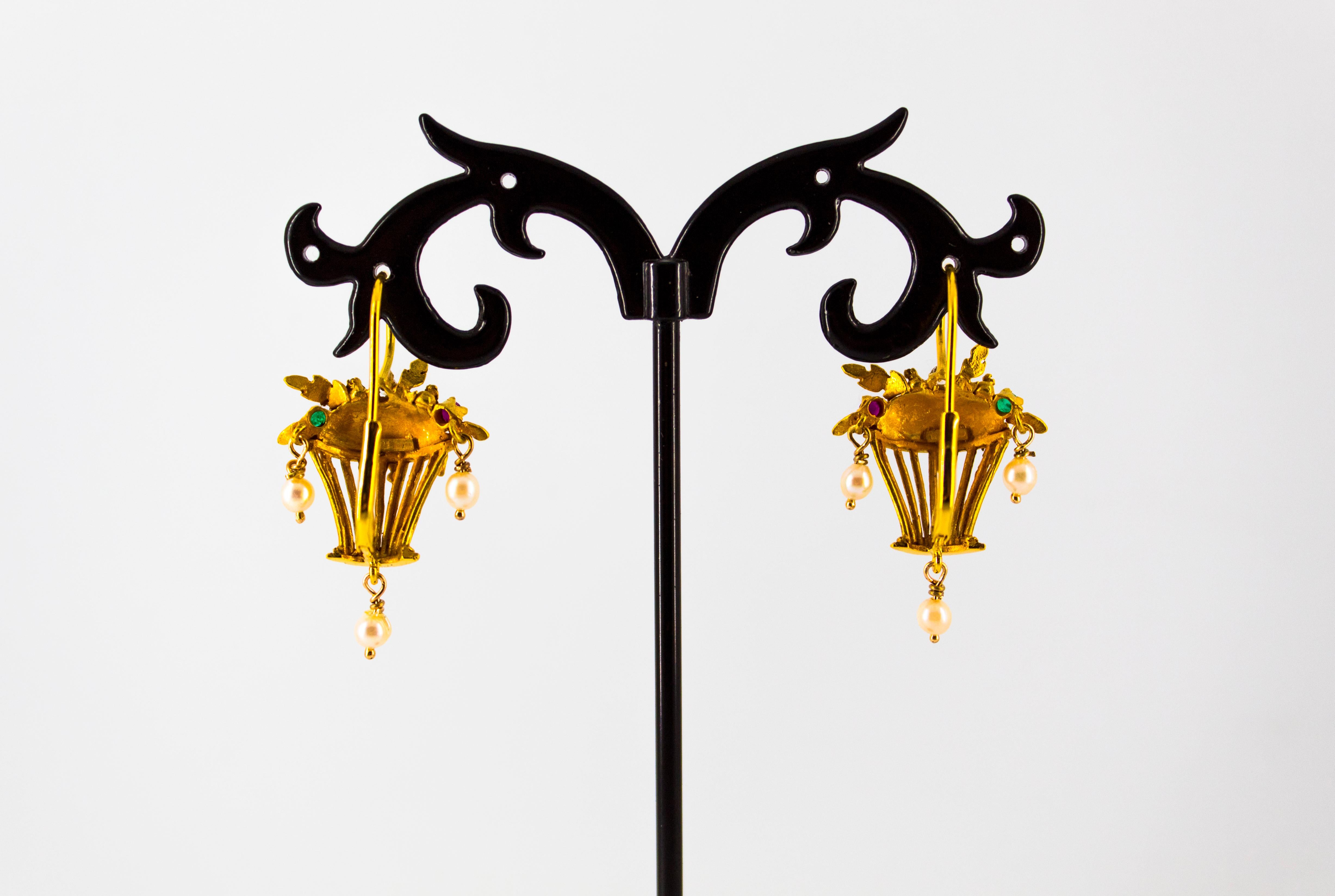 Art Nouveau Style White Diamond Emerald Ruby Pearl Yellow Gold Dangle Earrings For Sale 6