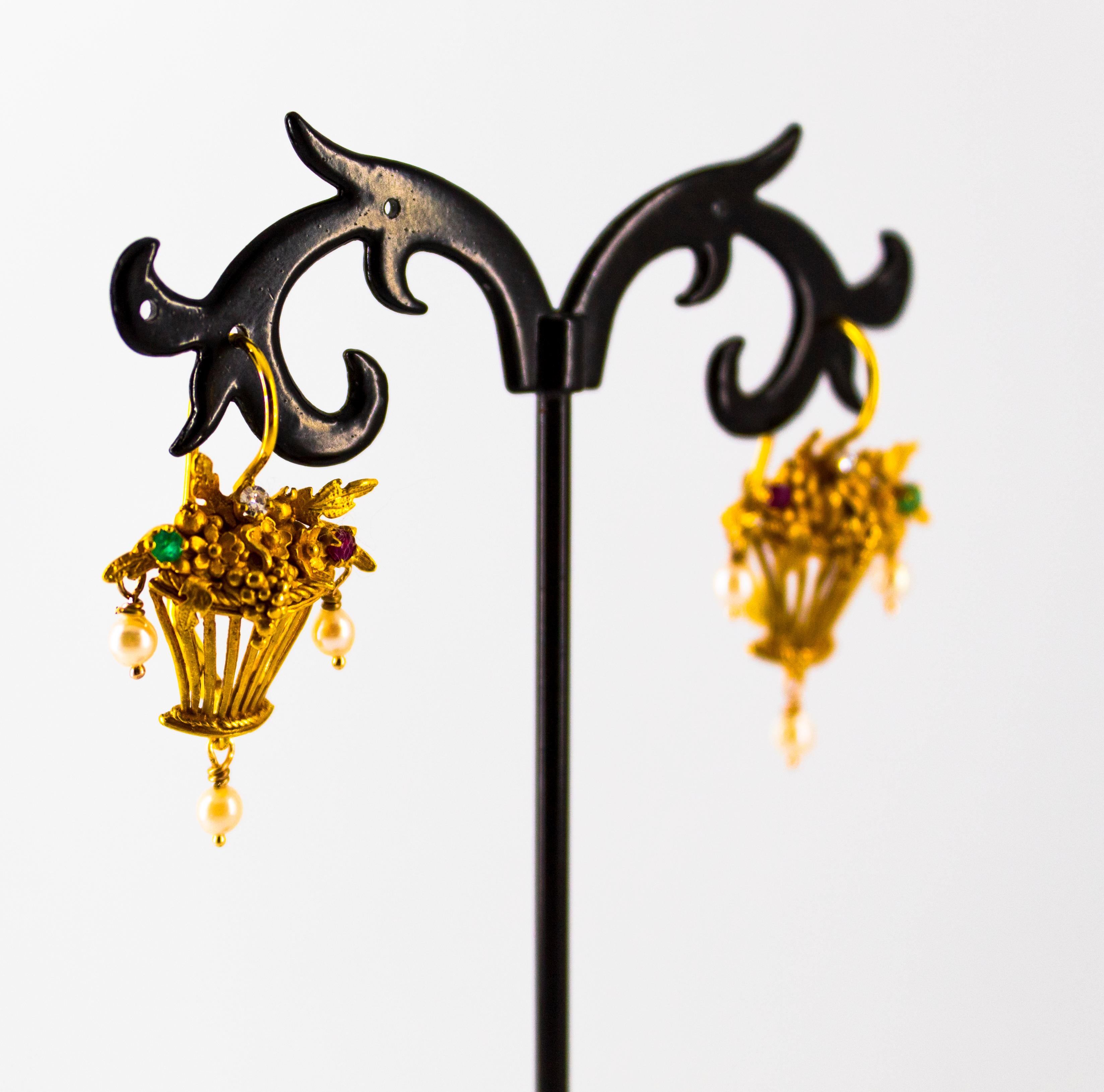 Art Nouveau Style White Diamond Emerald Ruby Pearl Yellow Gold Dangle Earrings For Sale 7