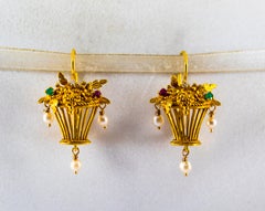 Art Nouveau Style White Diamond Emerald Ruby Pearl Yellow Gold Dangle Earrings