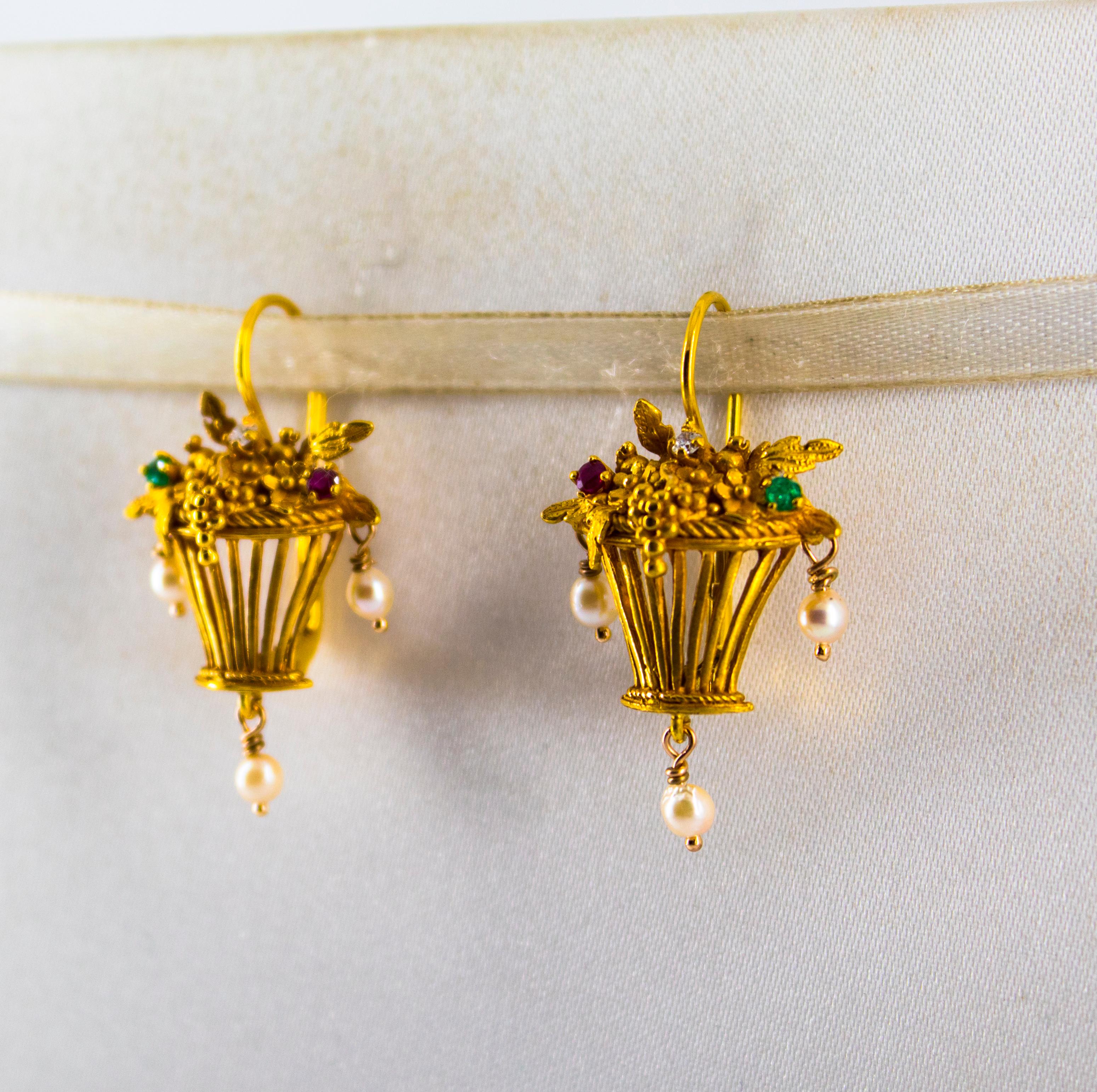 Art Nouveau Style White Diamond Emerald Ruby Pearl Yellow Gold Dangle Earrings In New Condition For Sale In Naples, IT