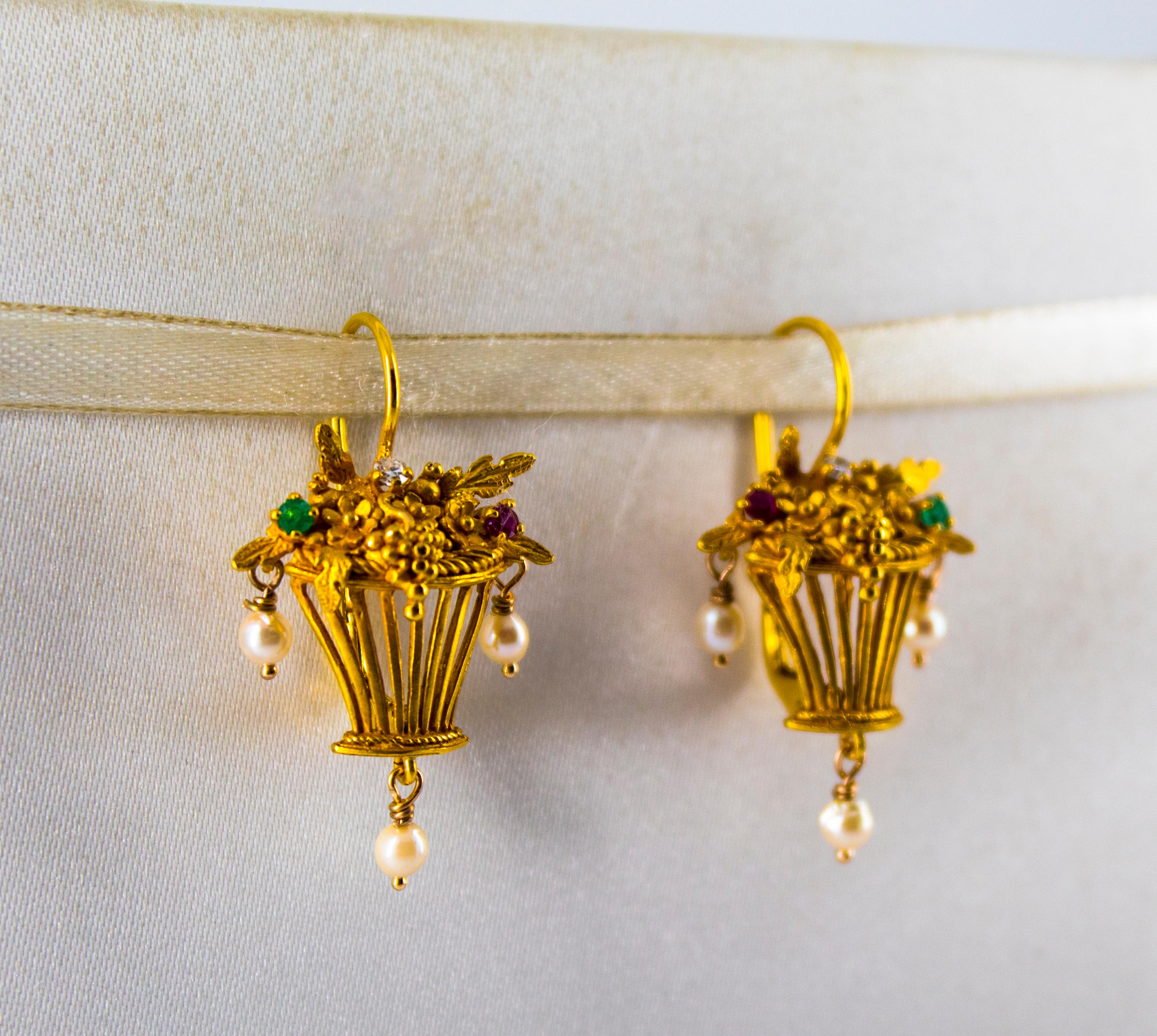 Women's or Men's Art Nouveau Style White Diamond Emerald Ruby Pearl Yellow Gold Dangle Earrings For Sale