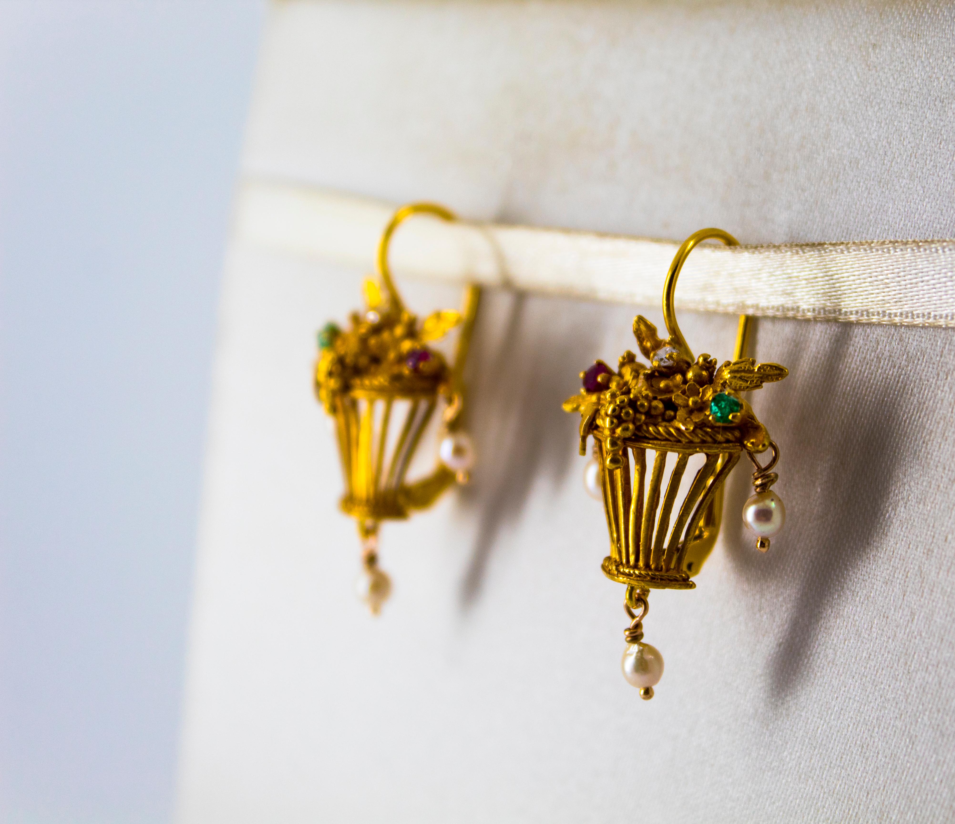 Art Nouveau Style White Diamond Emerald Ruby Pearl Yellow Gold Dangle Earrings For Sale 1