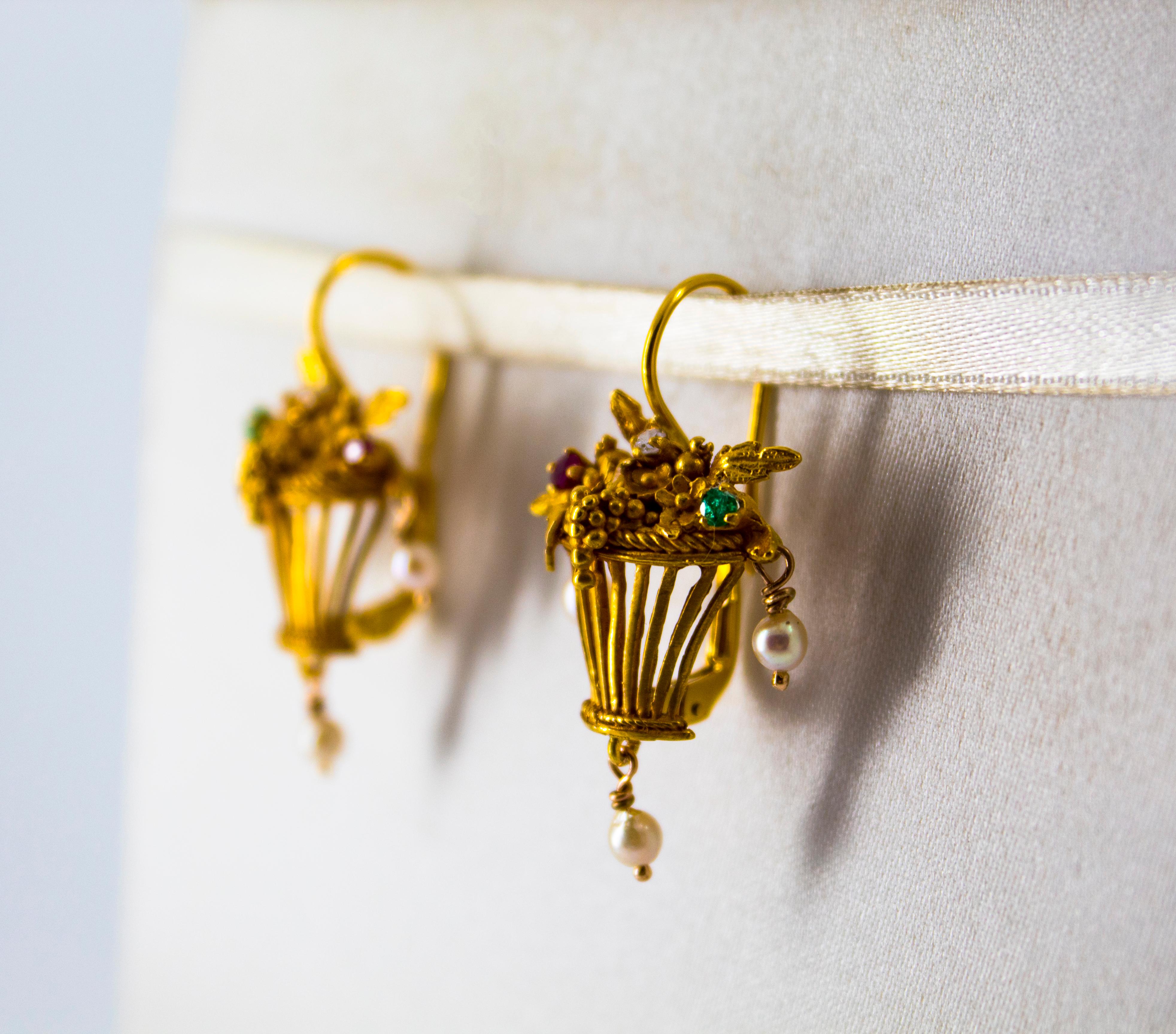 Art Nouveau Style White Diamond Emerald Ruby Pearl Yellow Gold Dangle Earrings For Sale 2
