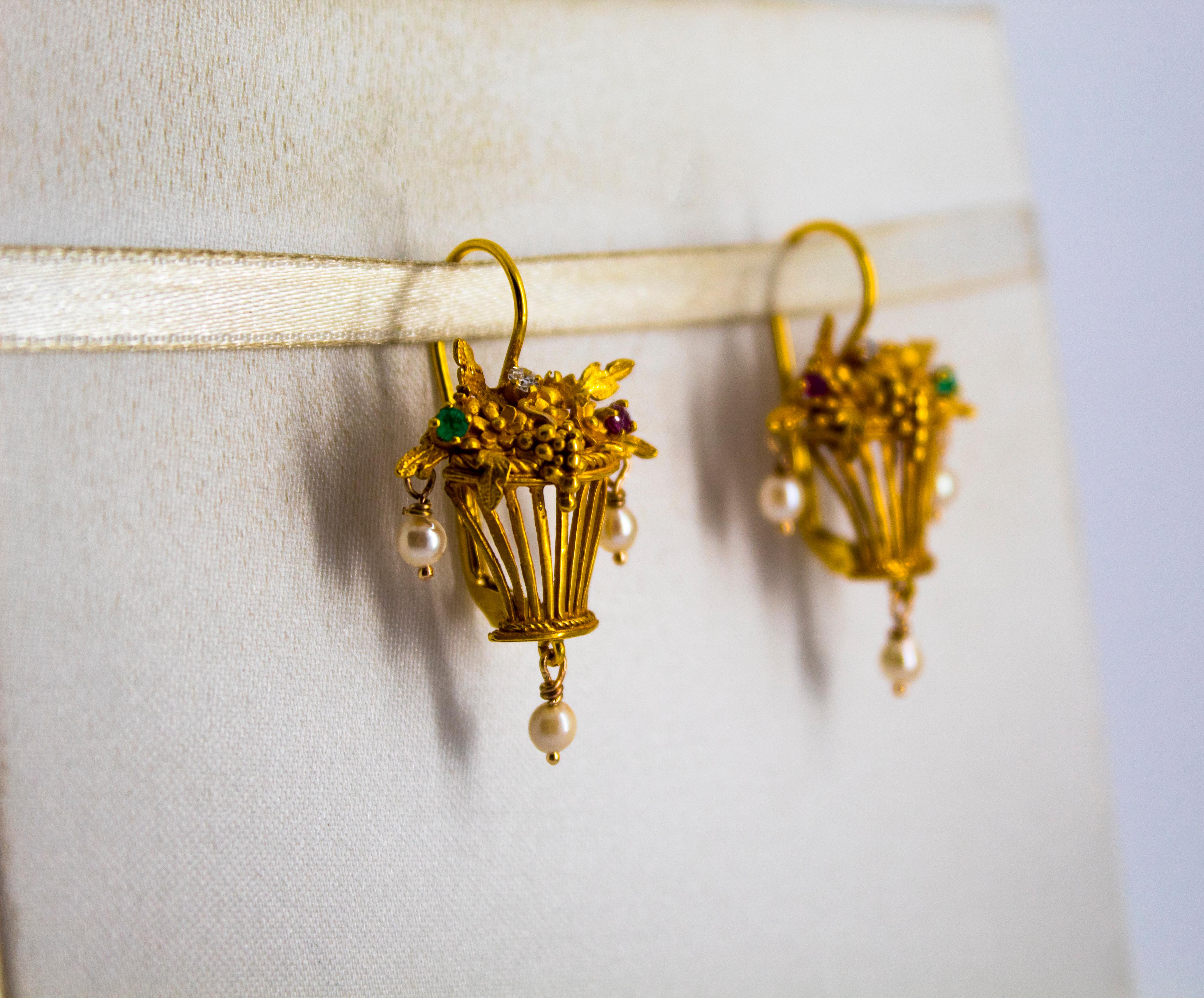 Art Nouveau Style White Diamond Emerald Ruby Pearl Yellow Gold Dangle Earrings For Sale 3
