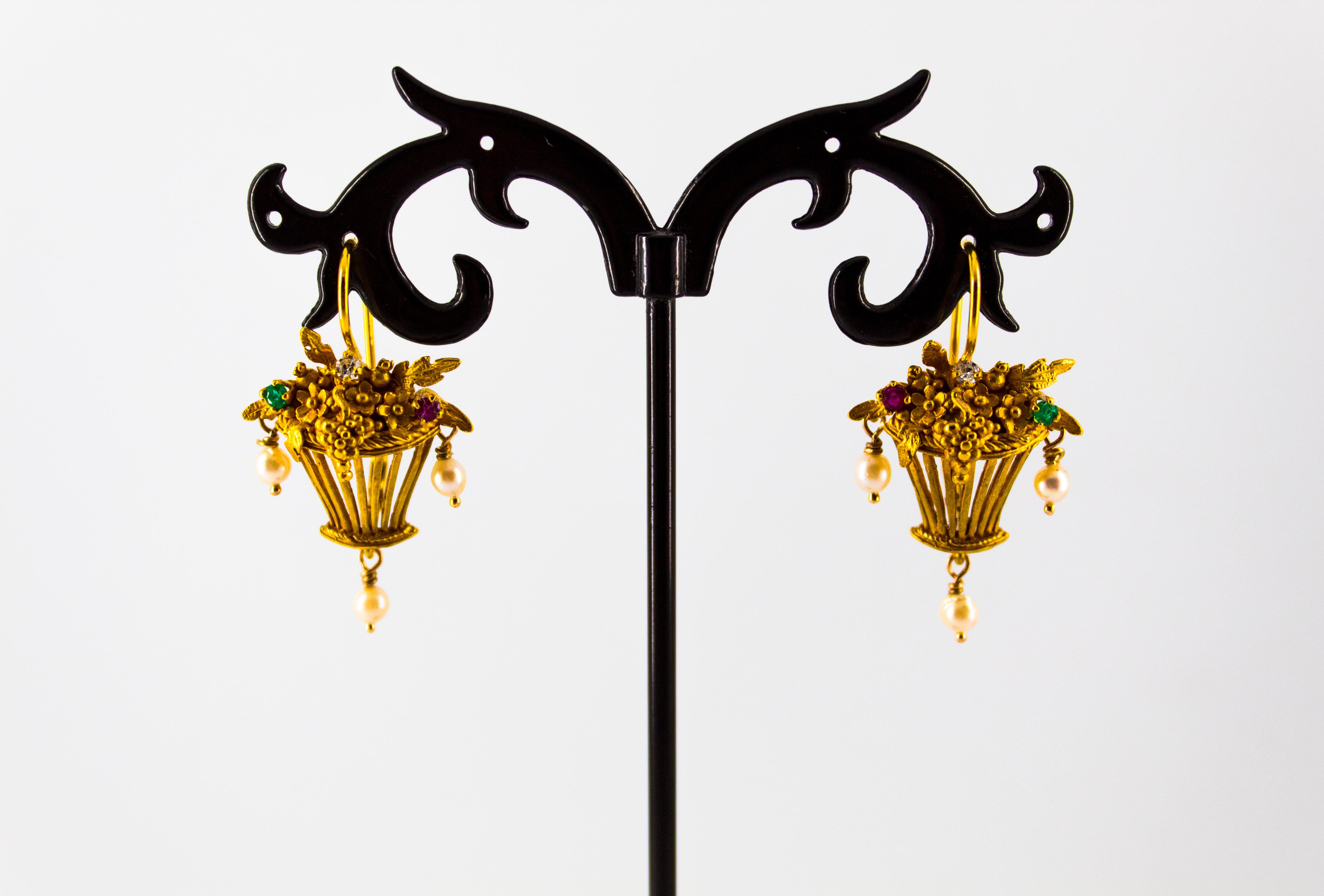 Art Nouveau Style White Diamond Emerald Ruby Pearl Yellow Gold Dangle Earrings For Sale 4