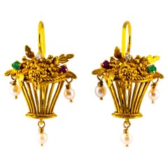 Vintage Art Nouveau Style White Diamond Emerald Ruby Pearl Yellow Gold Dangle Earrings
