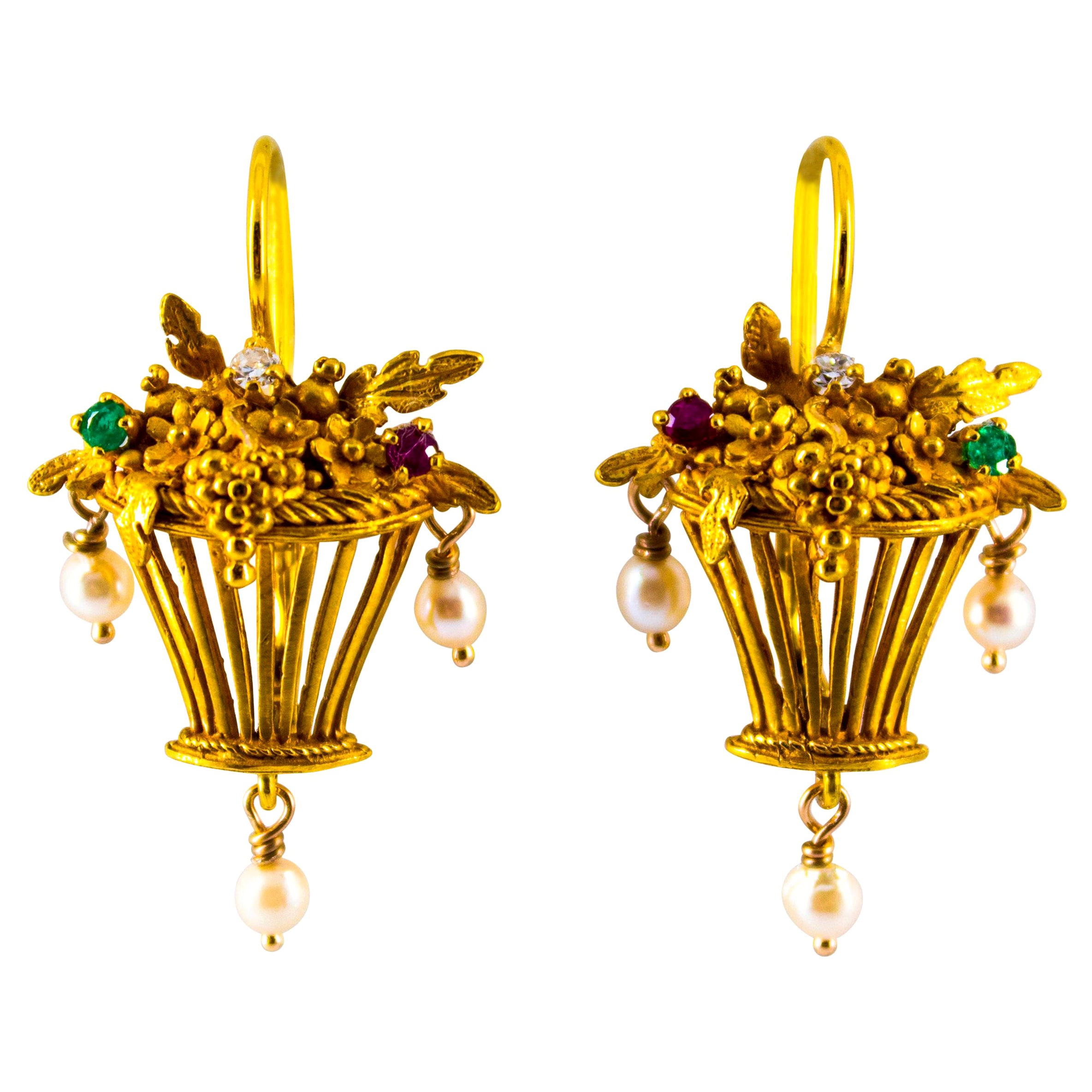 Art Nouveau Style White Diamond Emerald Ruby Pearl Yellow Gold Dangle Earrings For Sale