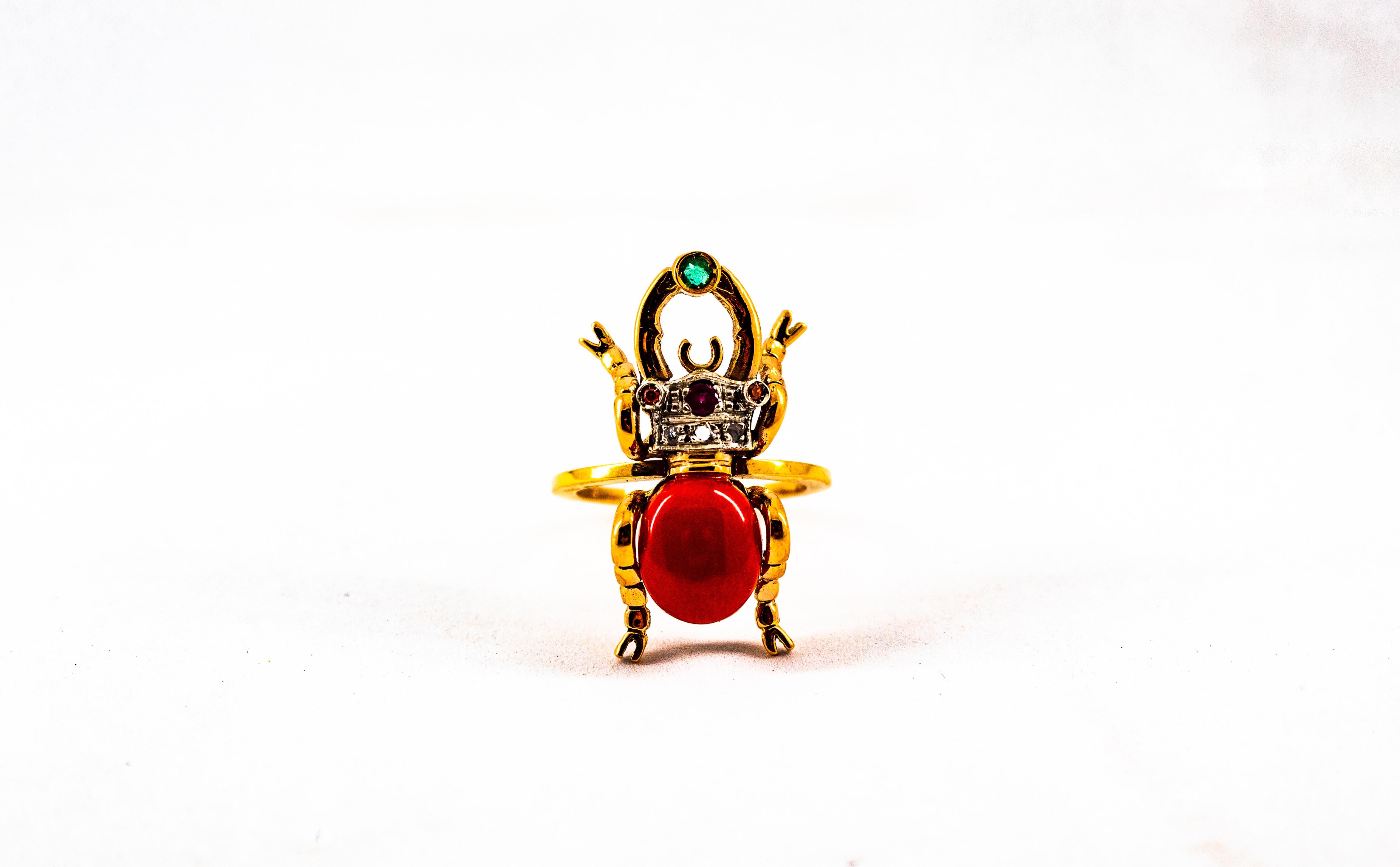 Art Nouveau Style White Diamond Emerald Ruby Red Coral Yellow Gold Cocktail Ring For Sale 4