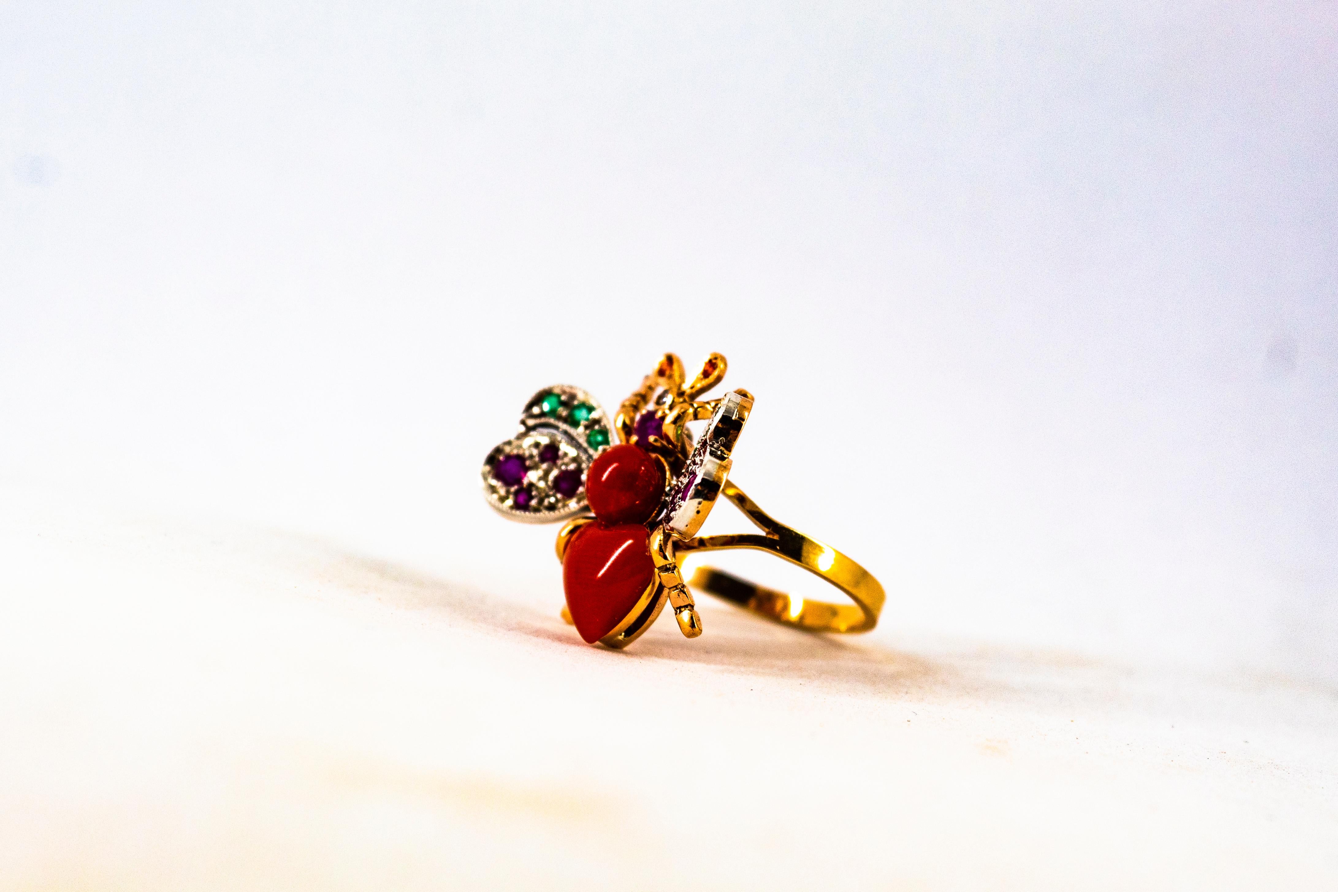 Art Nouveau Style White Diamond Emerald Ruby Red Coral Yellow Gold Cocktail Ring For Sale 4