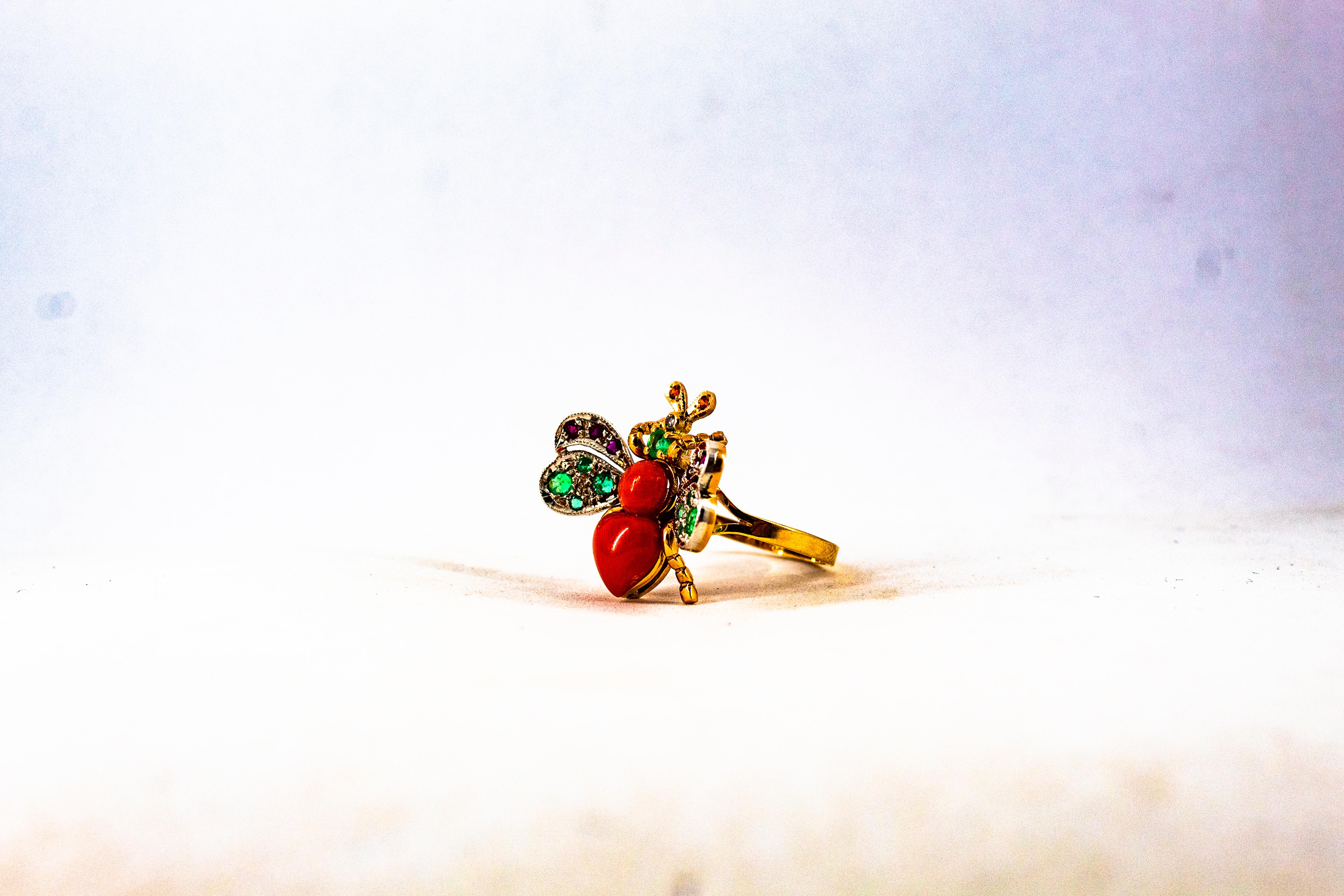Art Nouveau Style White Diamond Emerald Ruby Red Coral Yellow Gold Cocktail Ring For Sale 5