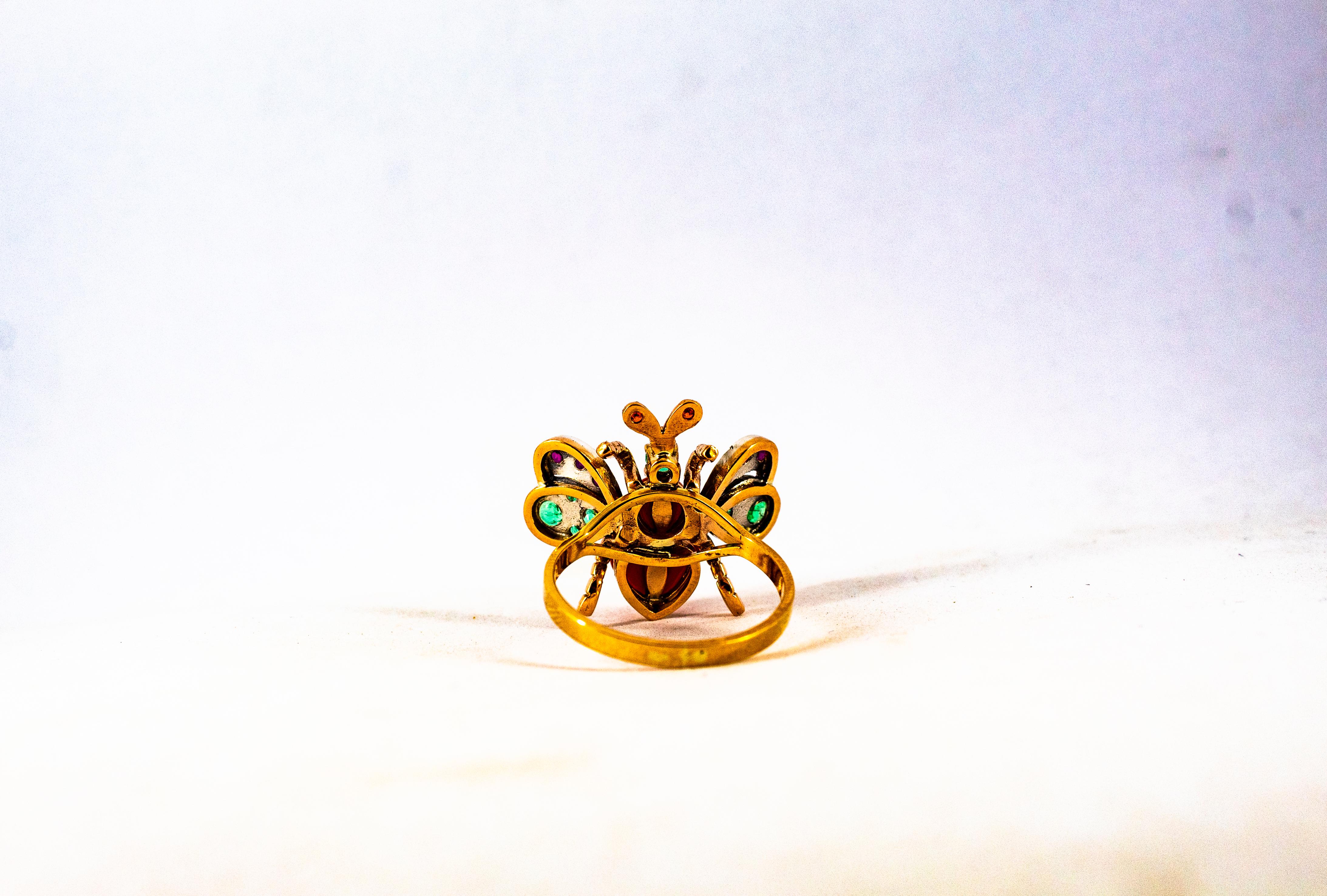 Anillo de Cóctel de Oro Amarillo Estilo Art Nouveau Diamante Blanco Esmeralda Rubí Coral Rojo en venta 6