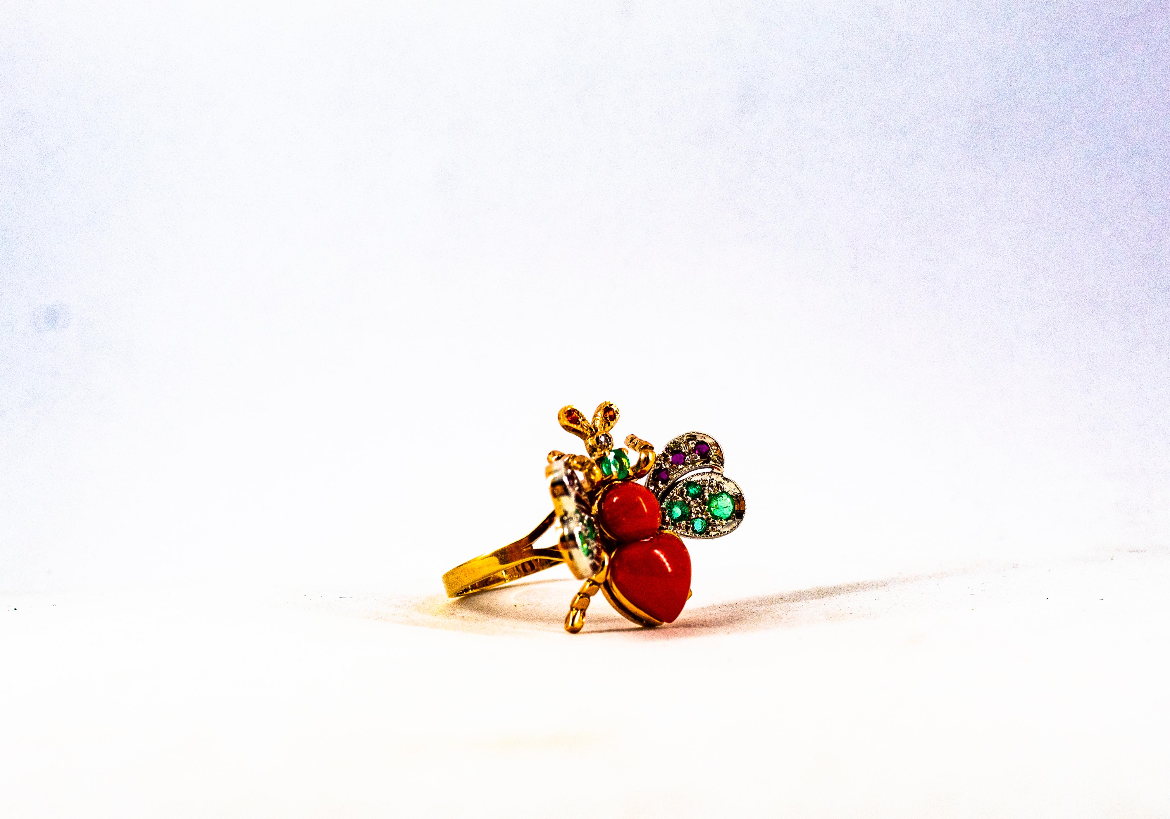 Art Nouveau Style White Diamond Emerald Ruby Red Coral Yellow Gold Cocktail Ring 6