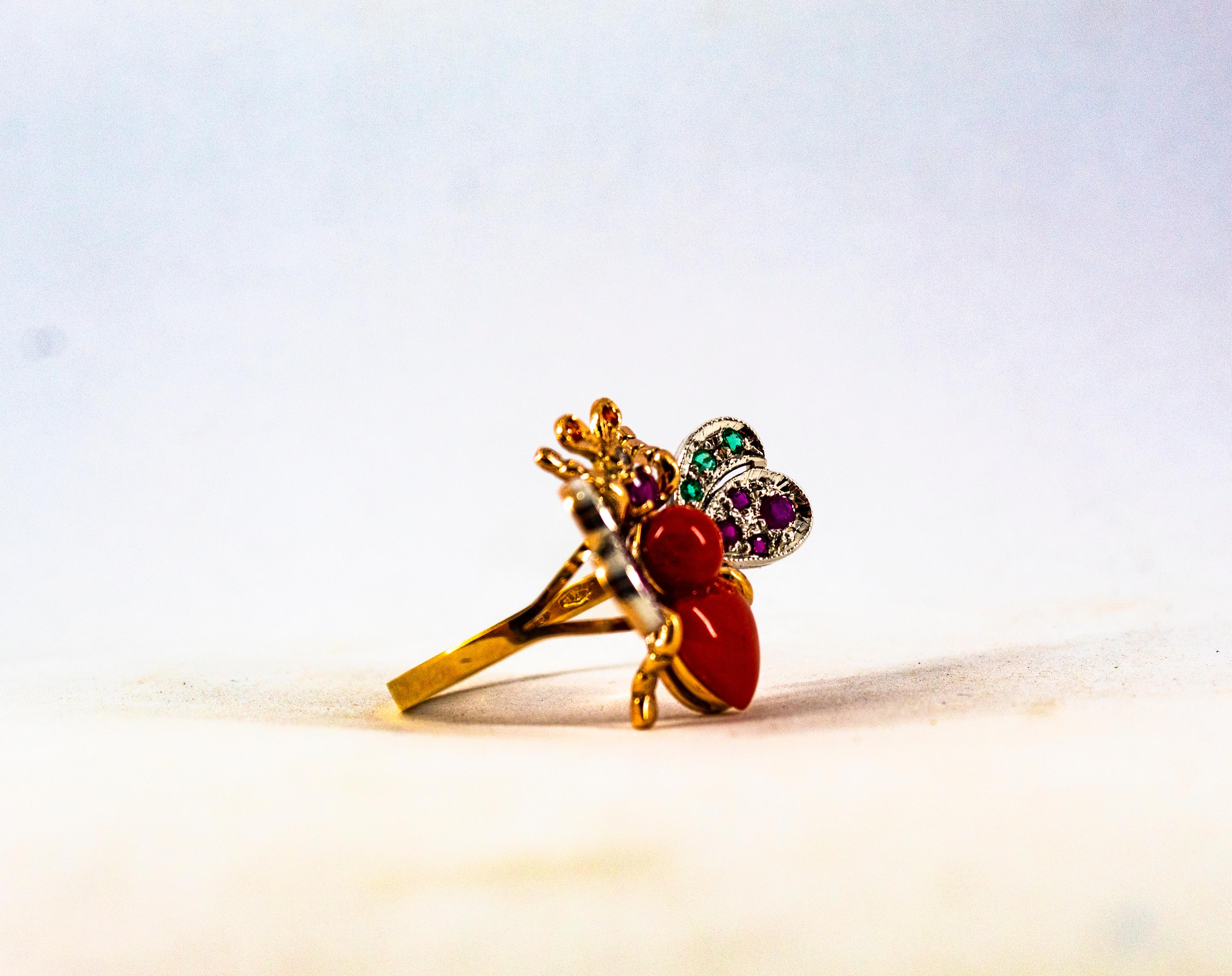 Art Nouveau Style White Diamond Emerald Ruby Red Coral Yellow Gold Cocktail Ring For Sale 6