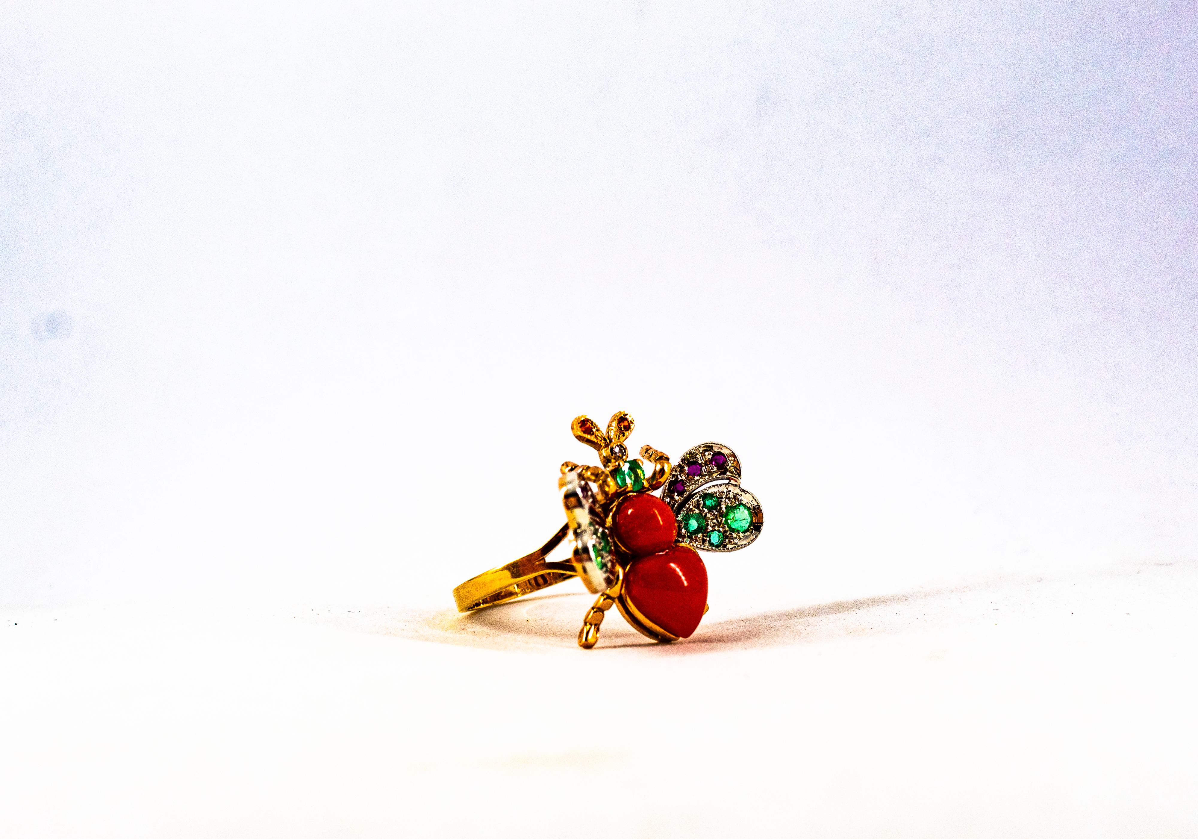 Anillo de Cóctel de Oro Amarillo Estilo Art Nouveau Diamante Blanco Esmeralda Rubí Coral Rojo en venta 7
