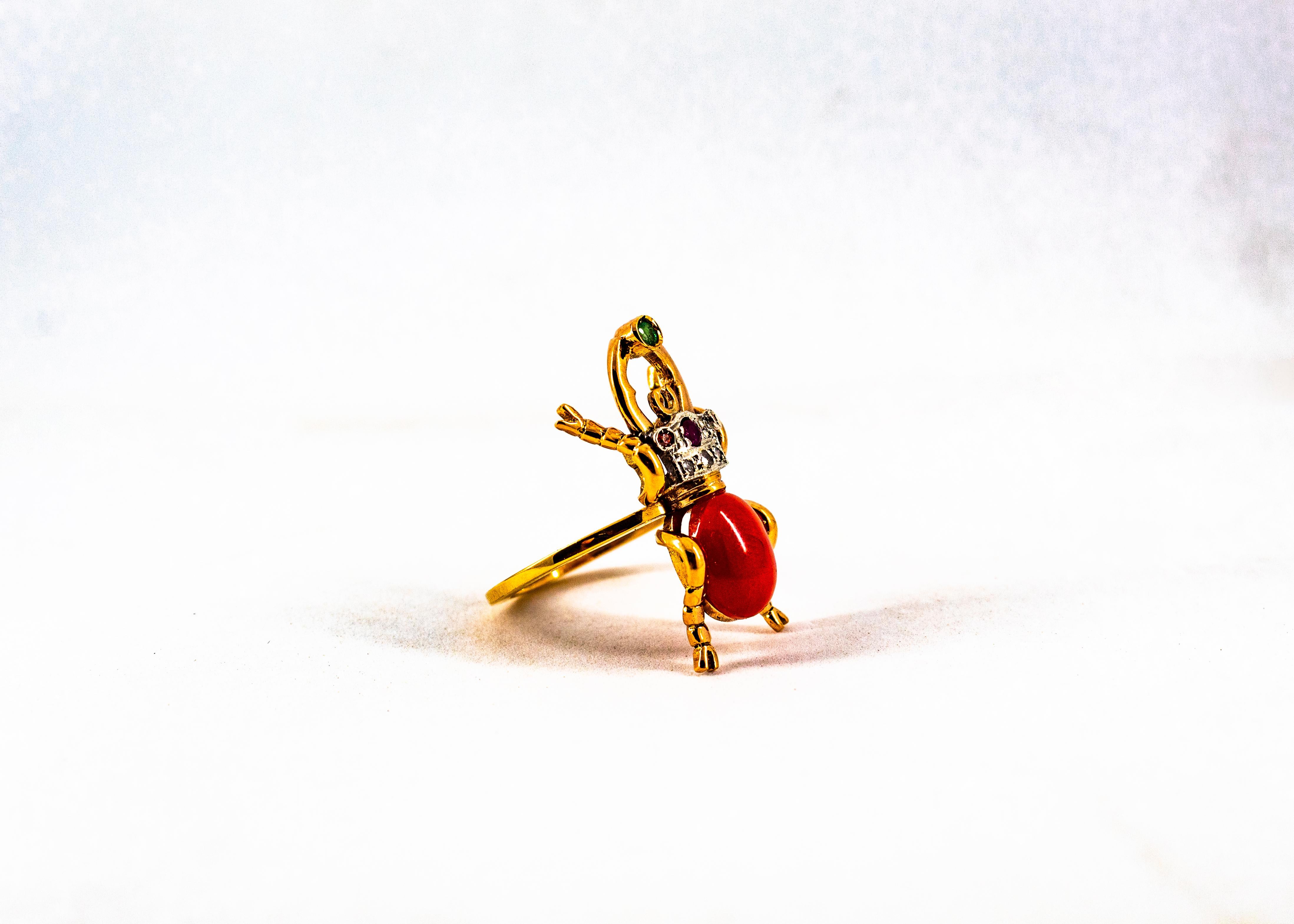 Anillo de Cóctel de Oro Amarillo Estilo Art Nouveau Diamante Blanco Esmeralda Rubí Coral Rojo en venta 8