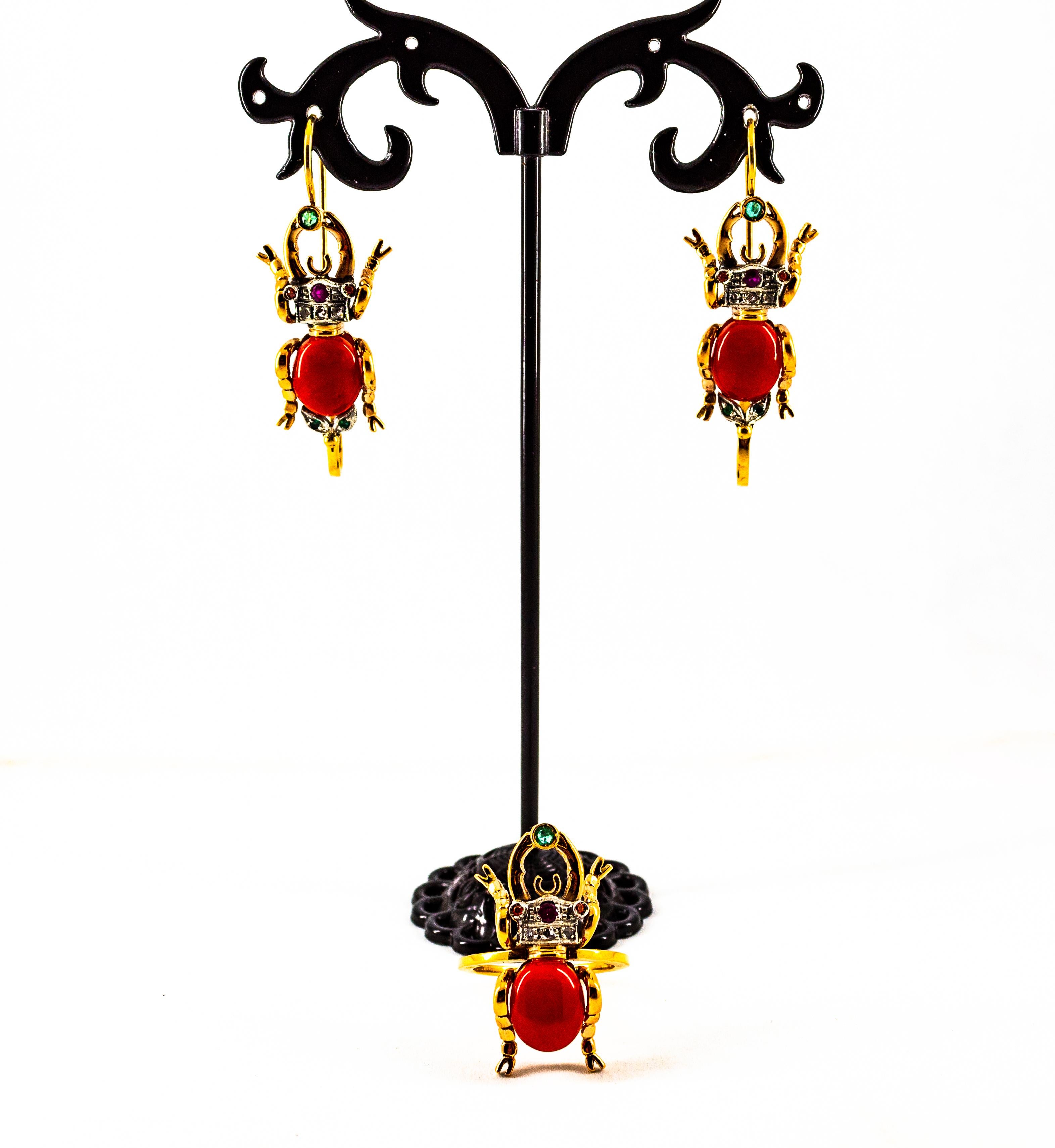 Anillo de Cóctel de Oro Amarillo Estilo Art Nouveau Diamante Blanco Esmeralda Rubí Coral Rojo en venta 9