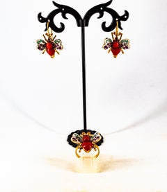 Art Nouveau Style White Diamond Emerald Ruby Red Coral Yellow Gold Cocktail Ring