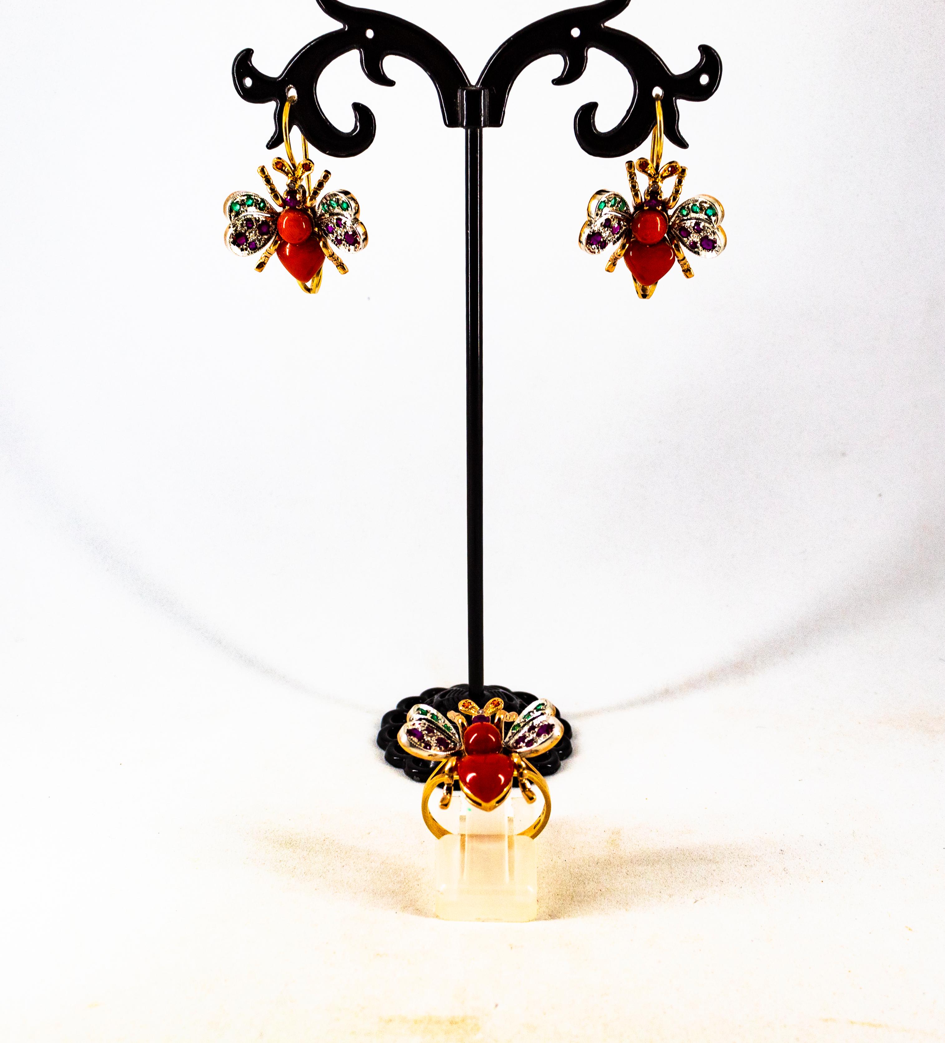 Brilliant Cut Art Nouveau Style White Diamond Emerald Ruby Red Coral Yellow Gold Cocktail Ring For Sale