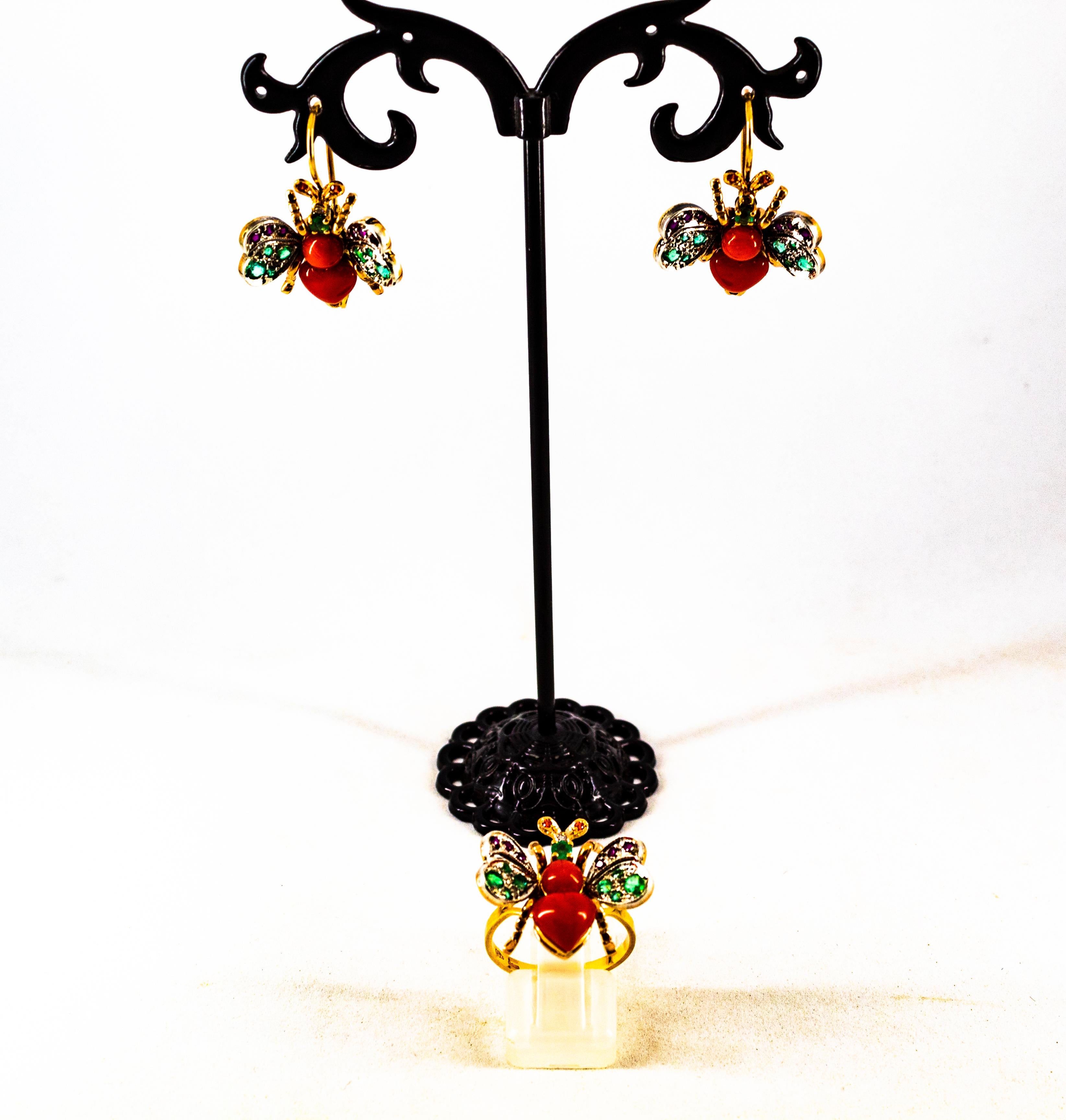 Anillo de Cóctel de Oro Amarillo Estilo Art Nouveau Diamante Blanco Esmeralda Rubí Coral Rojo Corte brillante en venta
