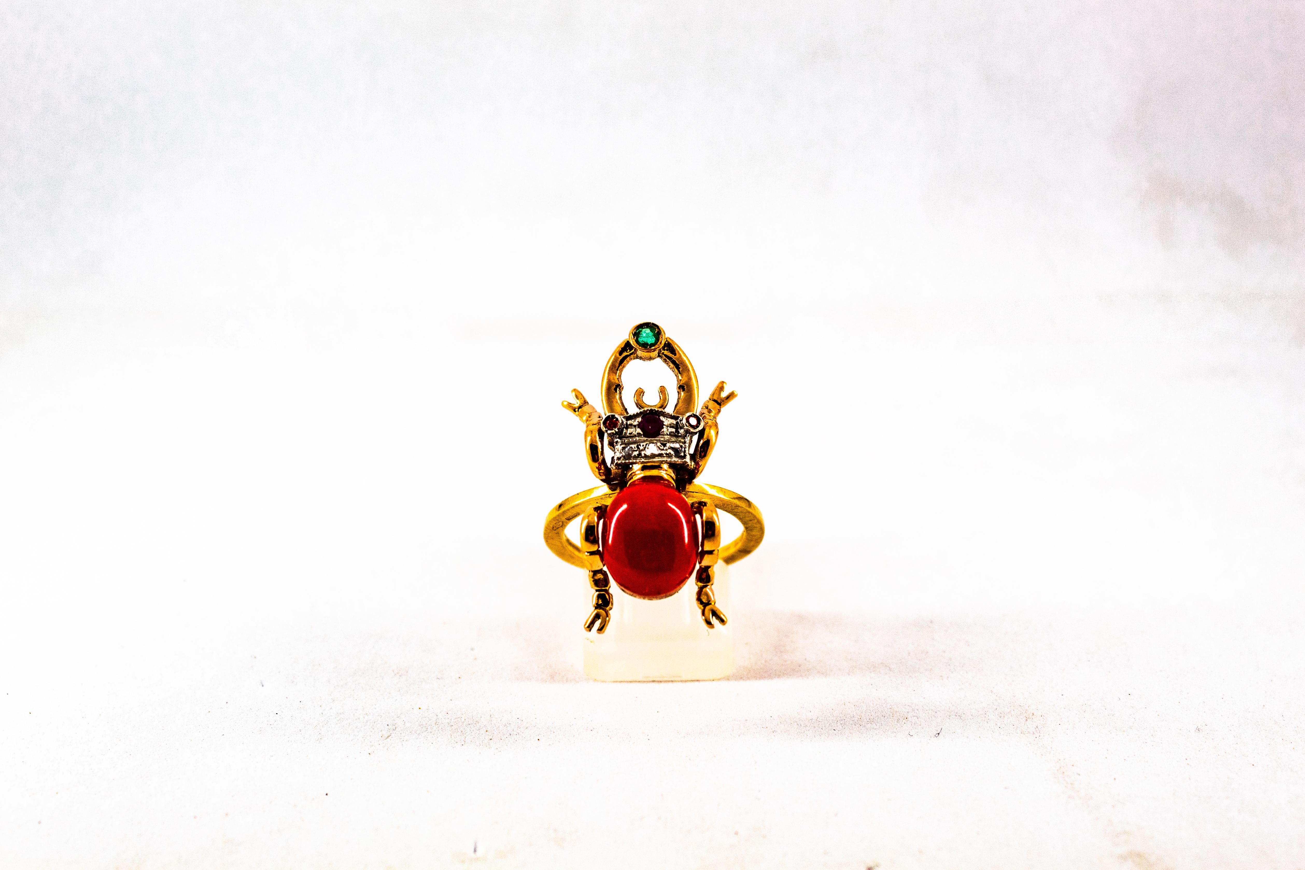 Anillo de Cóctel de Oro Amarillo Estilo Art Nouveau Diamante Blanco Esmeralda Rubí Coral Rojo Corte rosa en venta