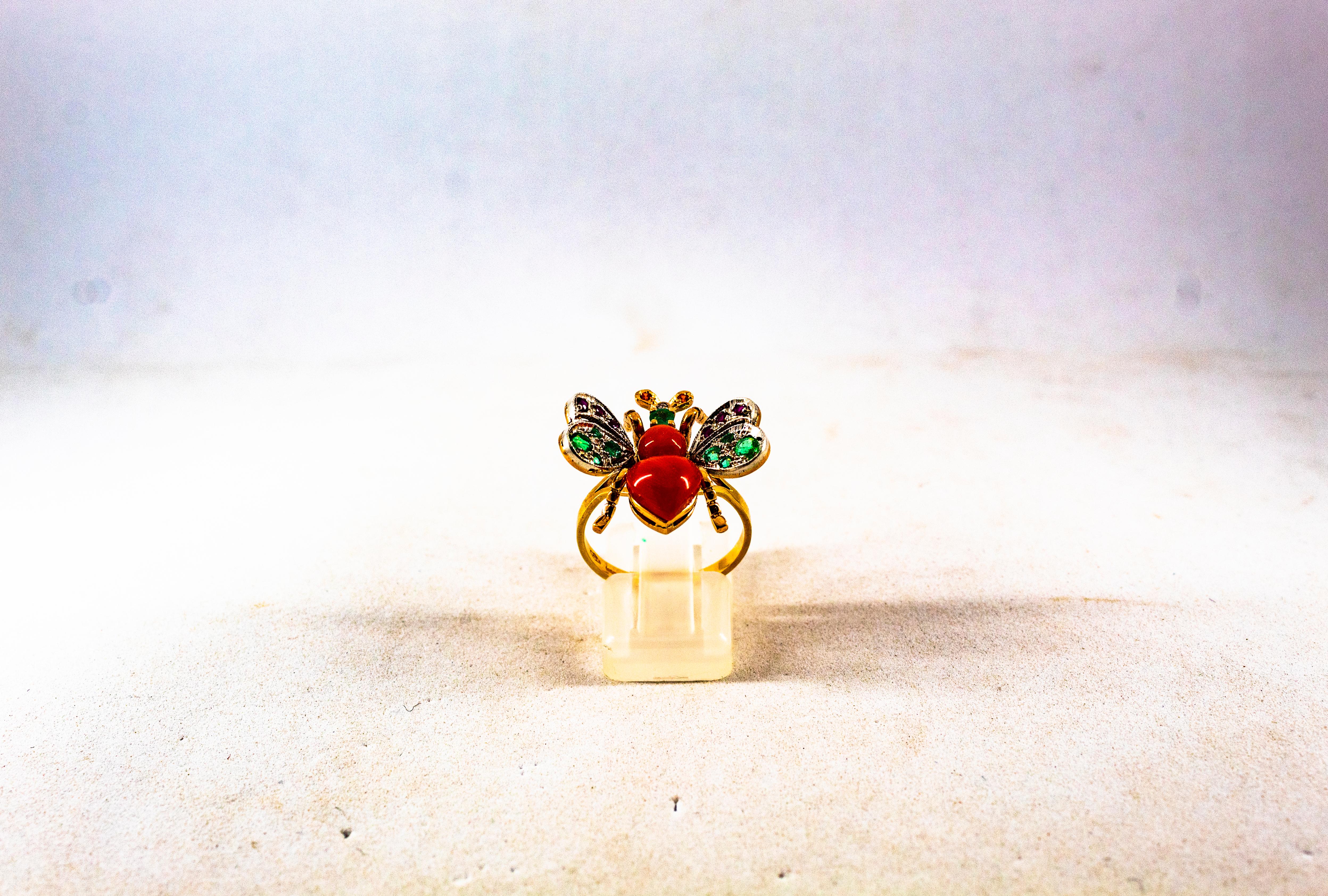 Brilliant Cut Art Nouveau Style White Diamond Emerald Ruby Red Coral Yellow Gold Cocktail Ring