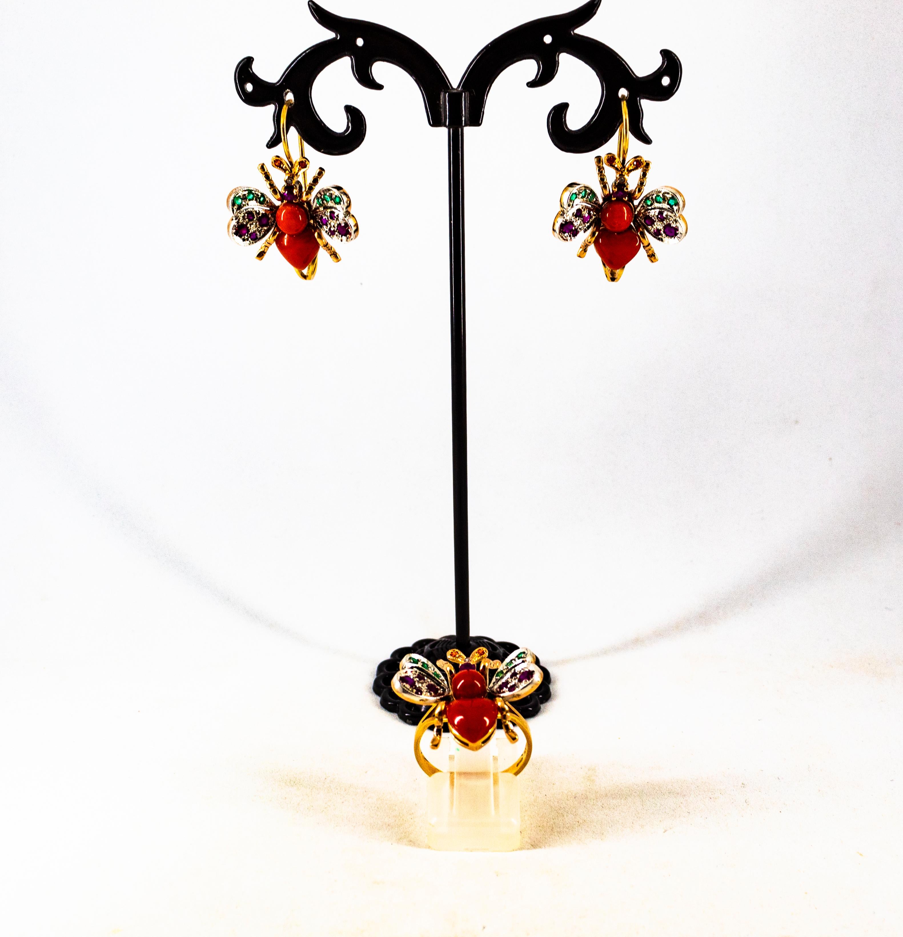 Art Nouveau Style White Diamond Emerald Ruby Red Coral Yellow Gold Cocktail Ring In New Condition For Sale In Naples, IT