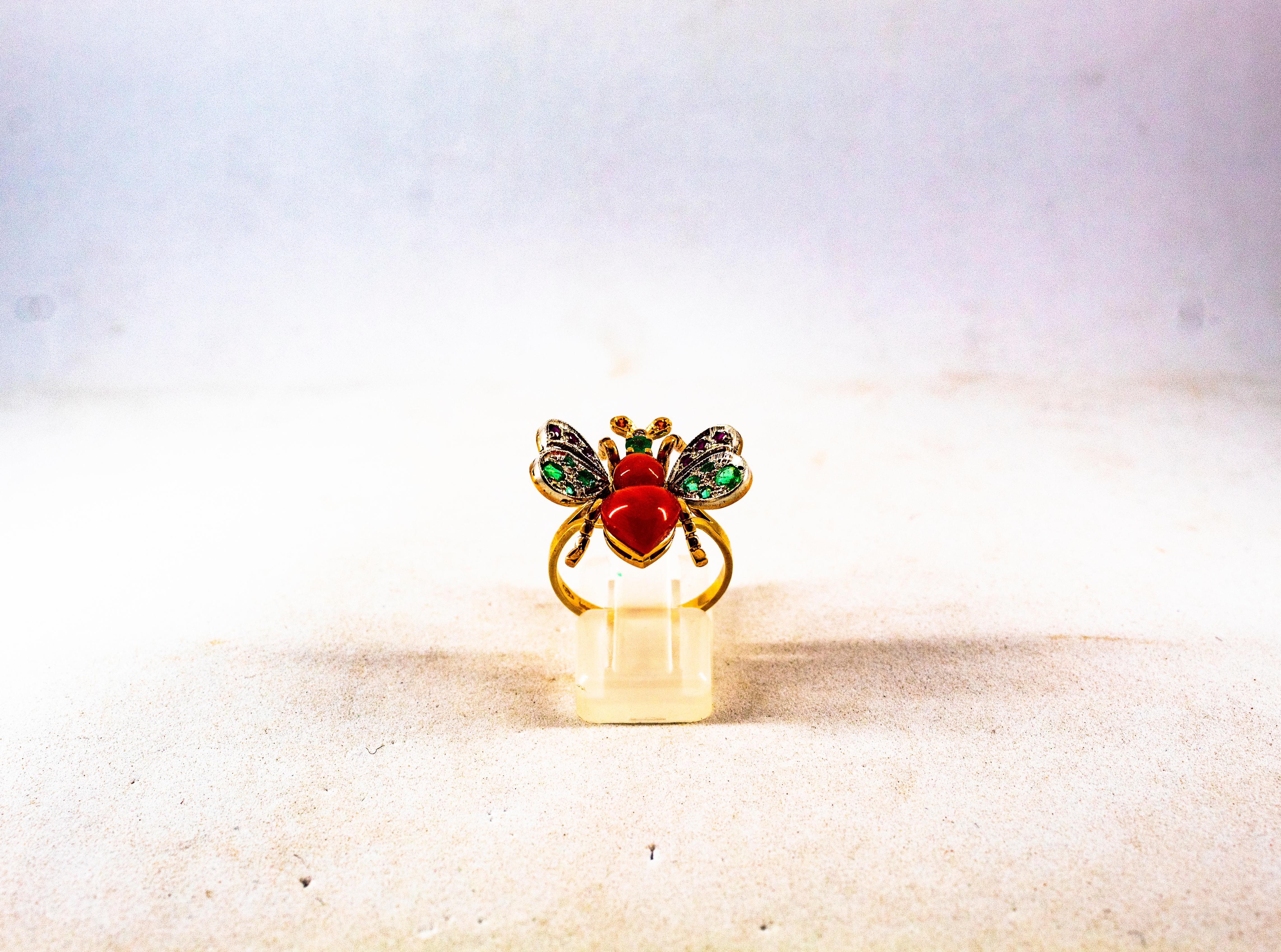 Art Nouveau Style White Diamond Emerald Ruby Red Coral Yellow Gold Cocktail Ring In New Condition In Naples, IT