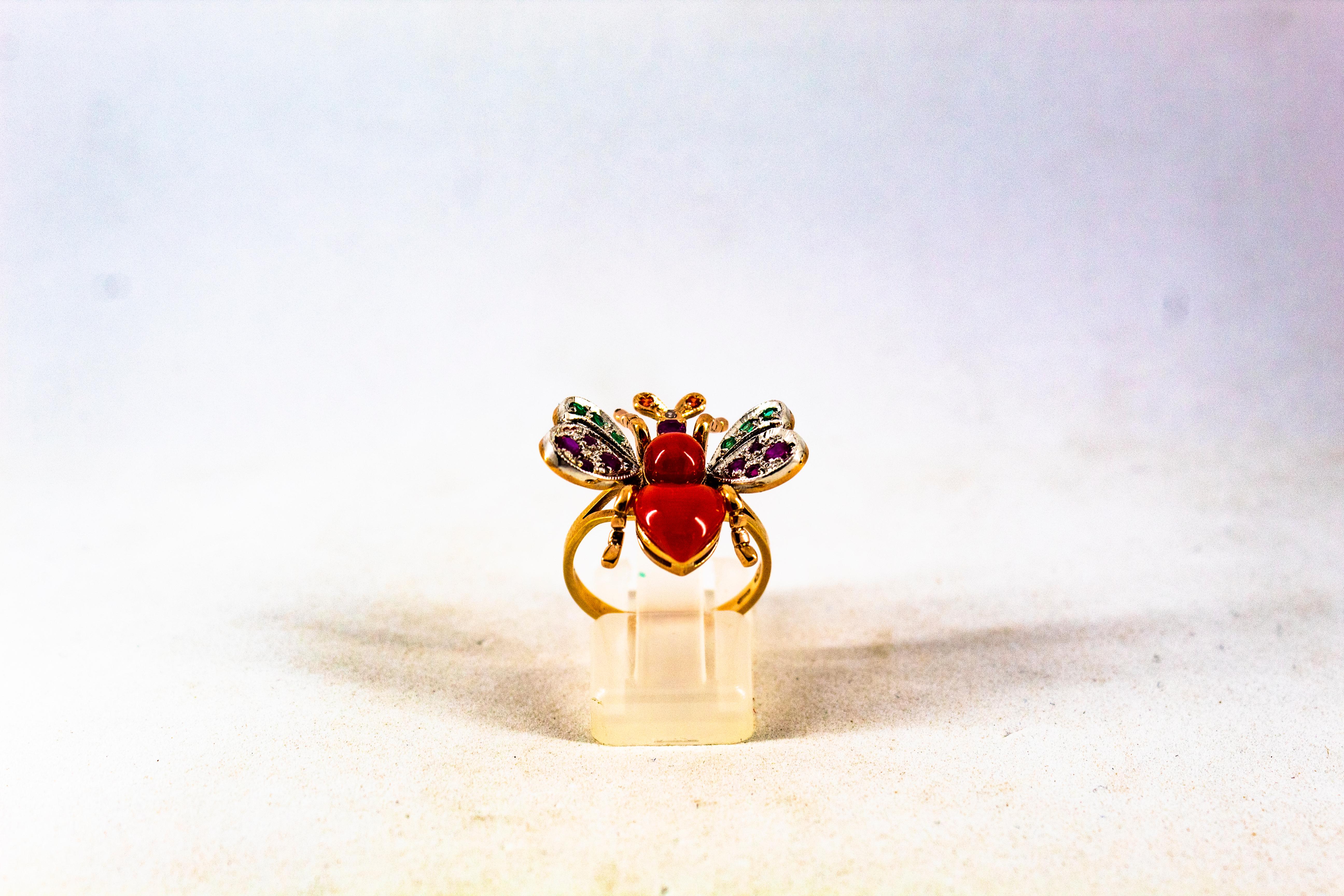 Art Nouveau Style White Diamond Emerald Ruby Red Coral Yellow Gold Cocktail Ring In New Condition For Sale In Naples, IT