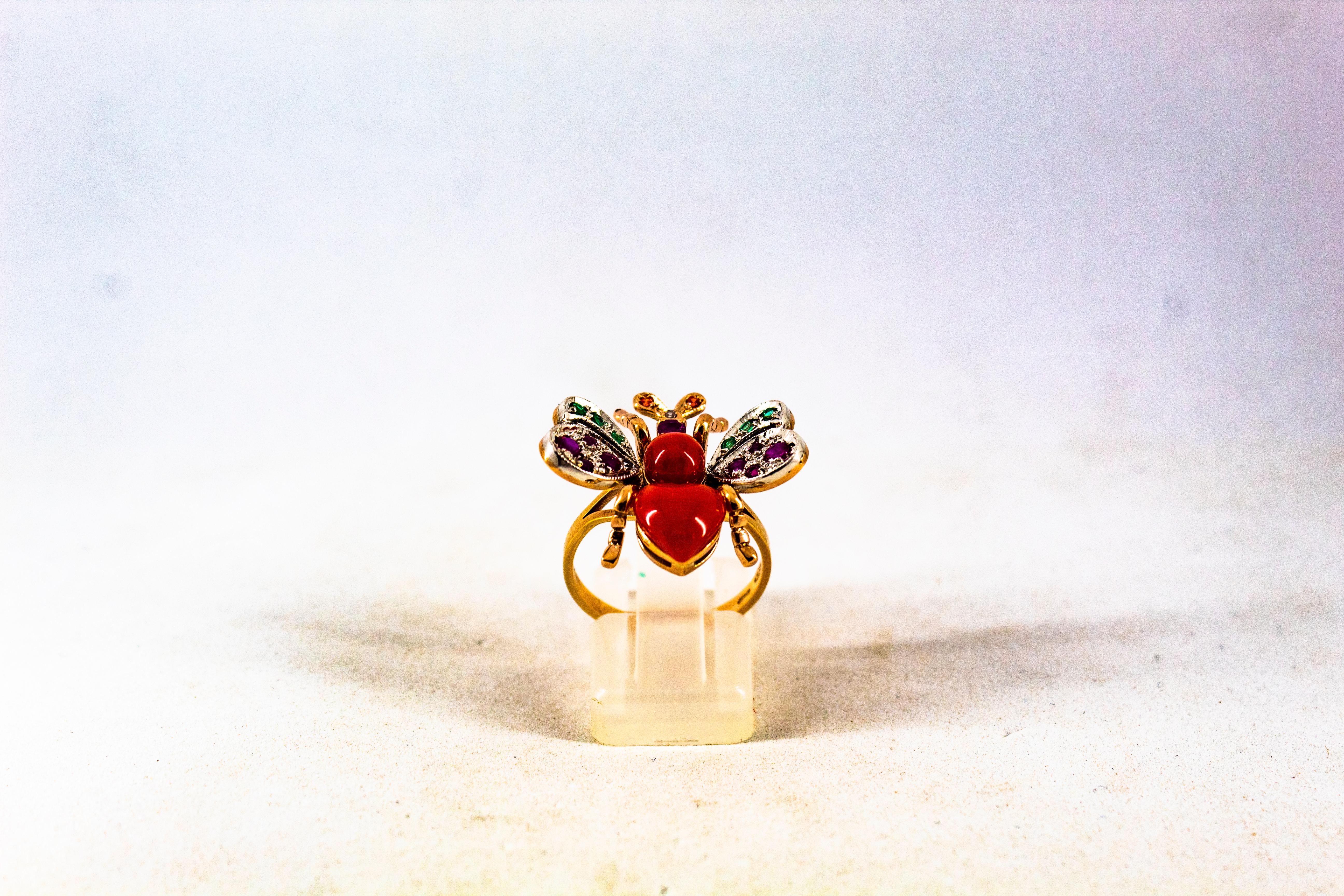 Women's or Men's Art Nouveau Style White Diamond Emerald Ruby Red Coral Yellow Gold Cocktail Ring For Sale