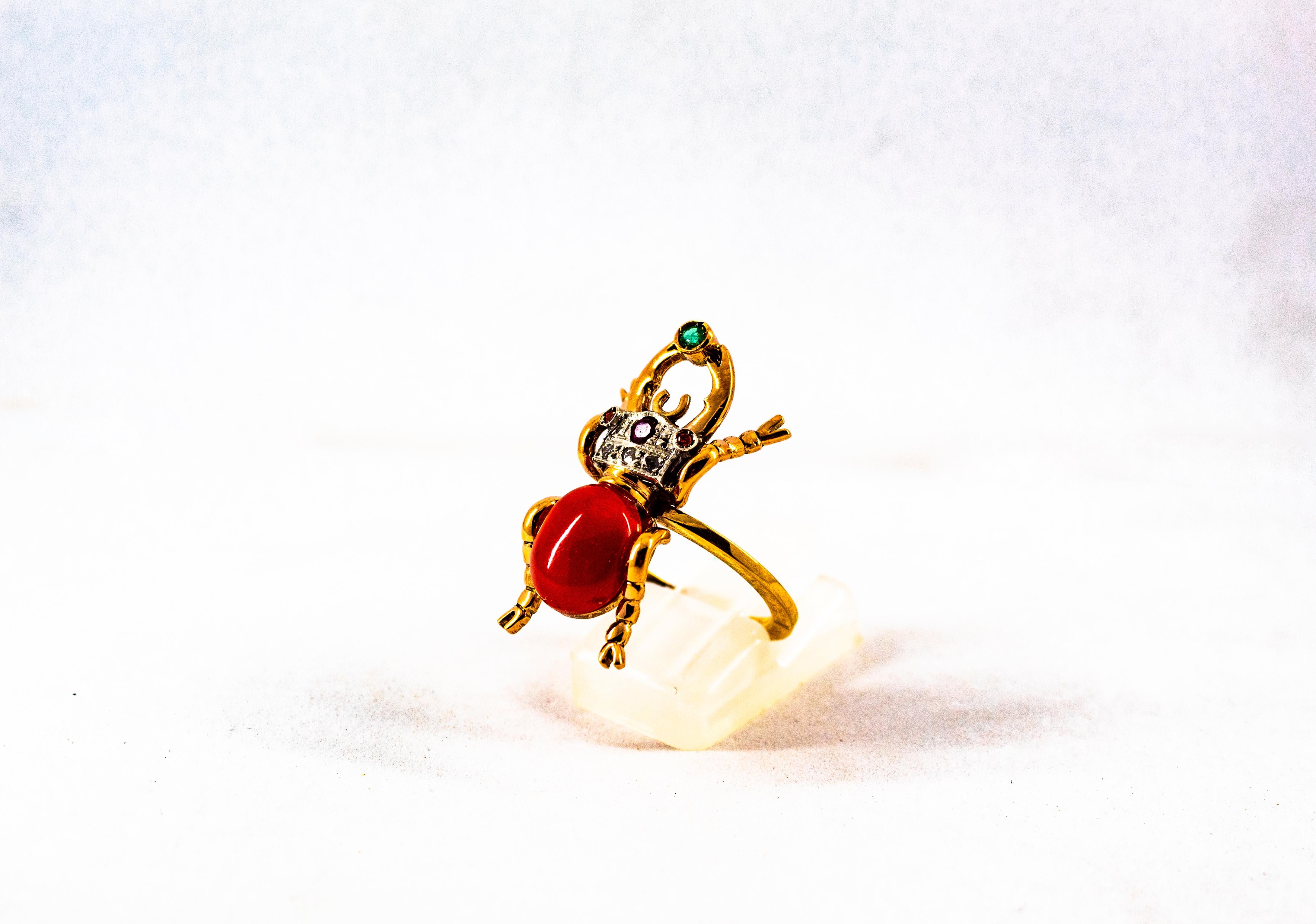 Femenino o masculino Anillo de Cóctel de Oro Amarillo Estilo Art Nouveau Diamante Blanco Esmeralda Rubí Coral Rojo en venta