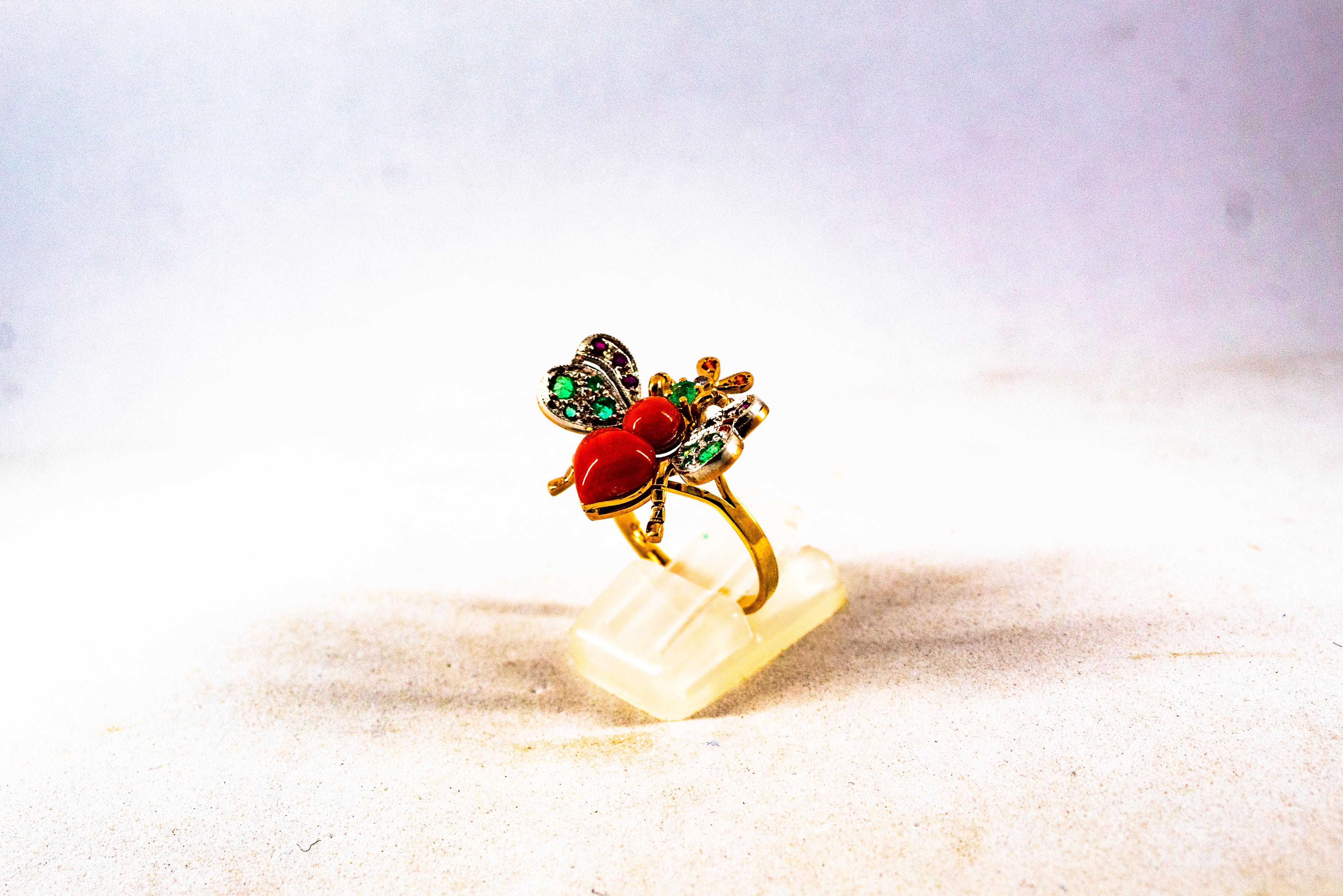 Women's or Men's Art Nouveau Style White Diamond Emerald Ruby Red Coral Yellow Gold Cocktail Ring