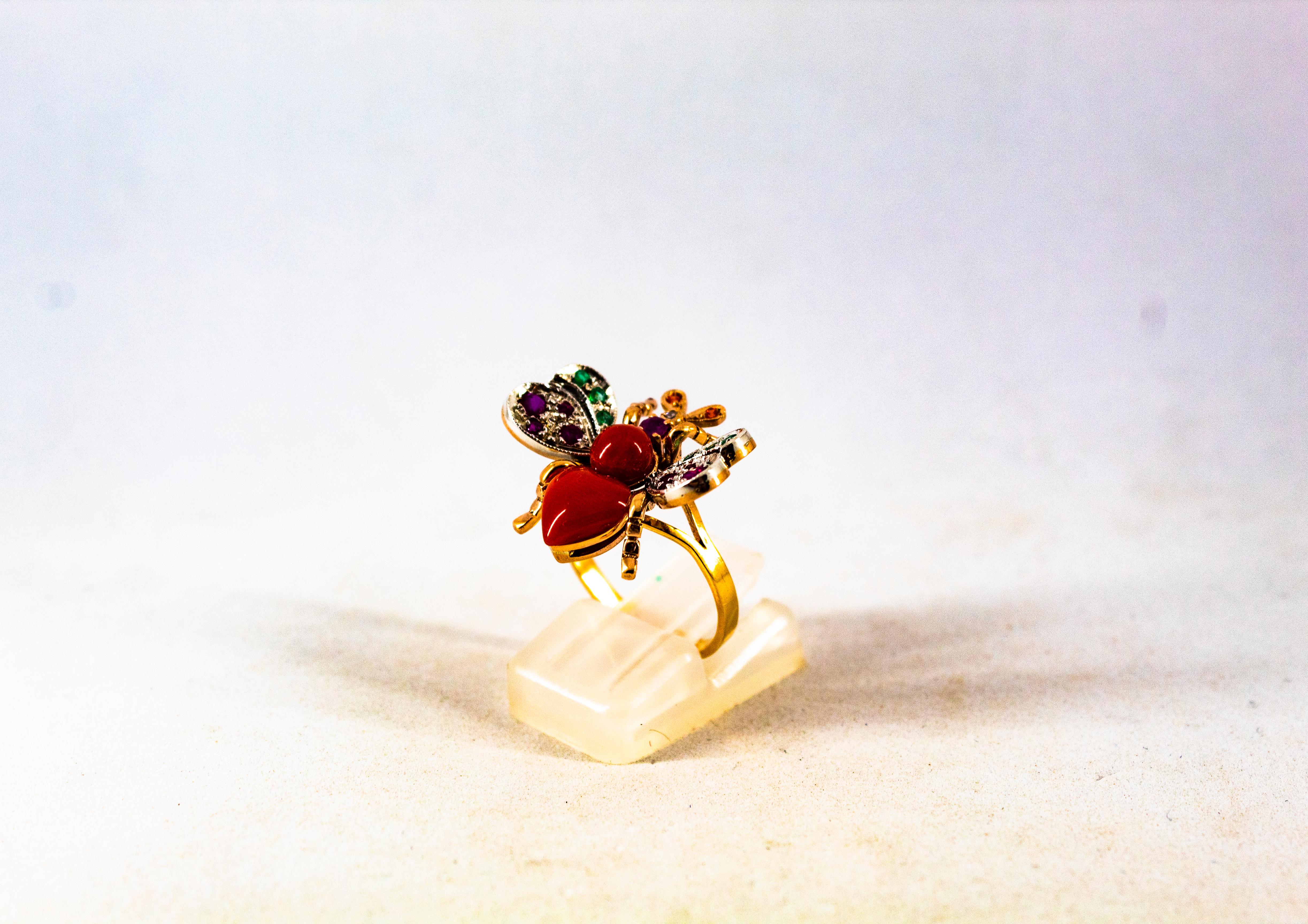 Art Nouveau Style White Diamond Emerald Ruby Red Coral Yellow Gold Cocktail Ring For Sale 1