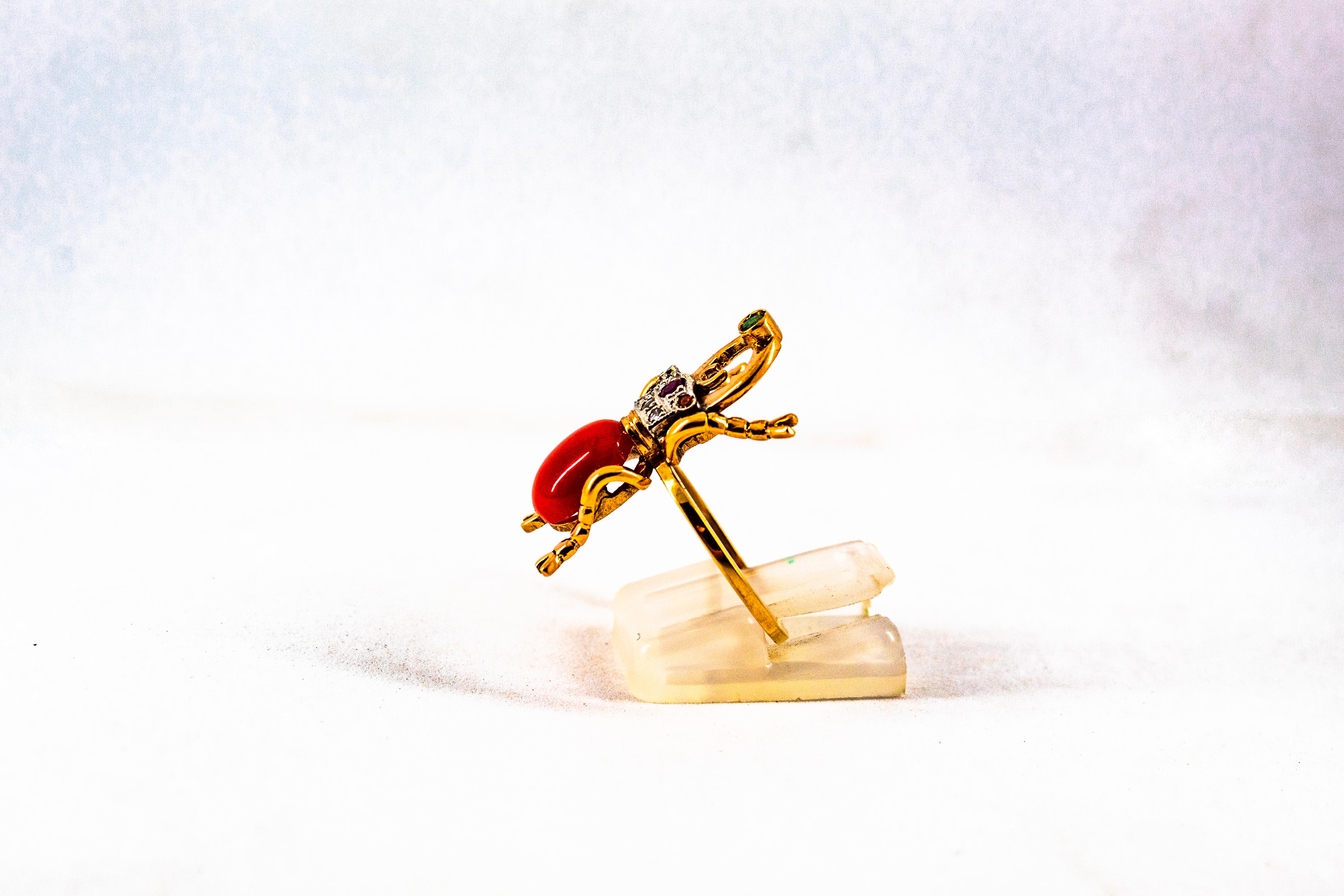 Anillo de Cóctel de Oro Amarillo Estilo Art Nouveau Diamante Blanco Esmeralda Rubí Coral Rojo en venta 1