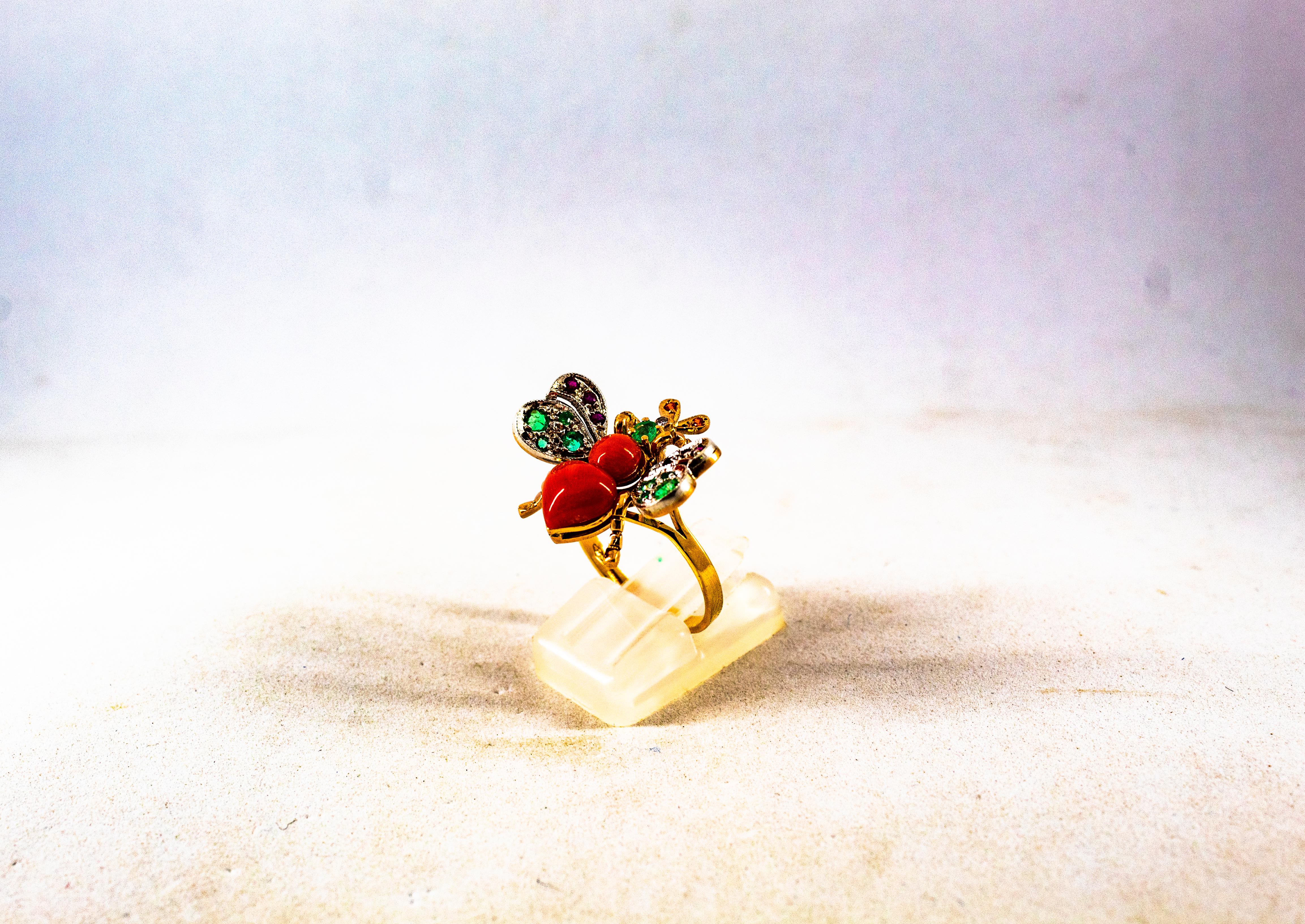 Art Nouveau Style White Diamond Emerald Ruby Red Coral Yellow Gold Cocktail Ring 1