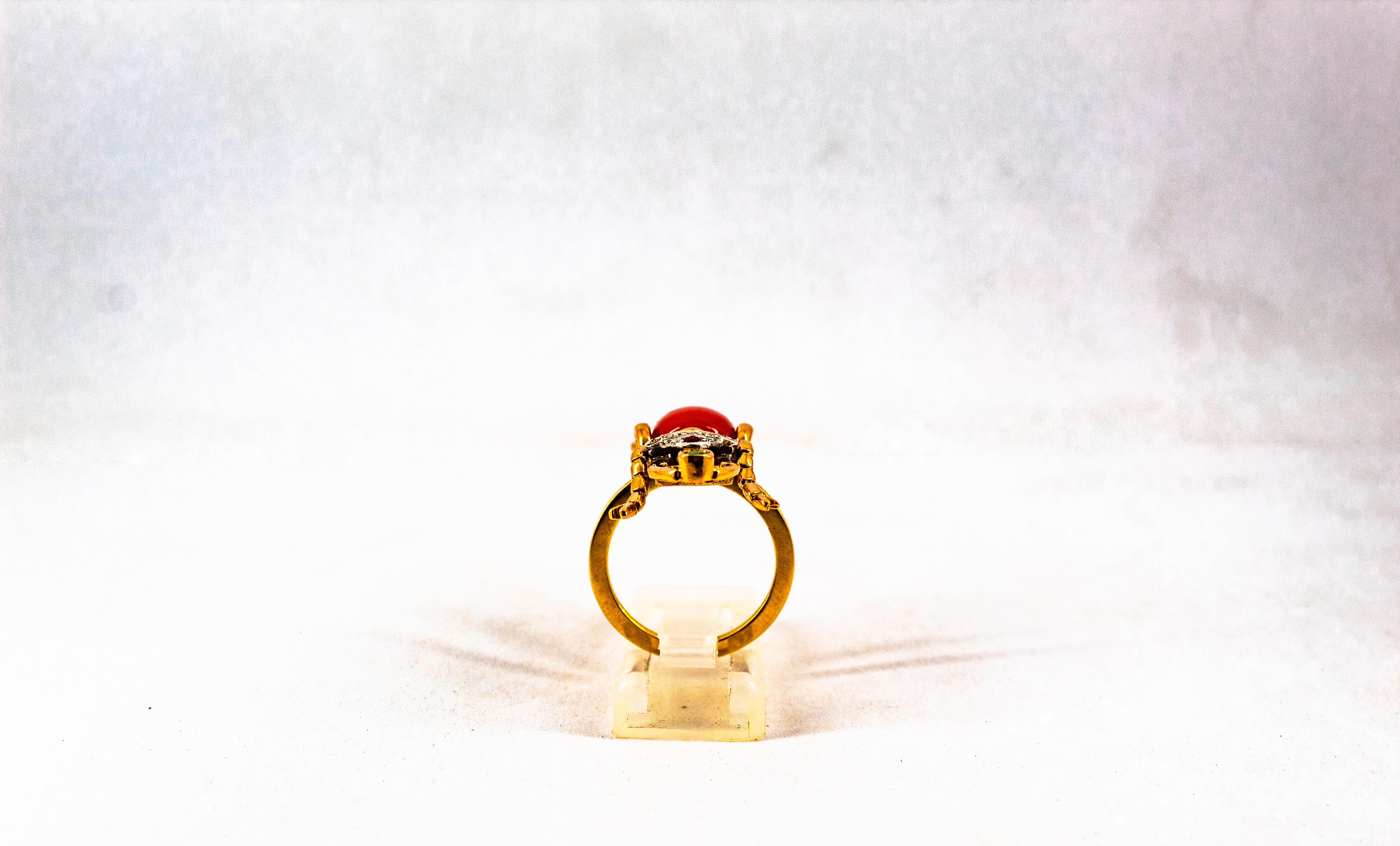 Art Nouveau Style White Diamond Emerald Ruby Red Coral Yellow Gold Cocktail Ring For Sale 1