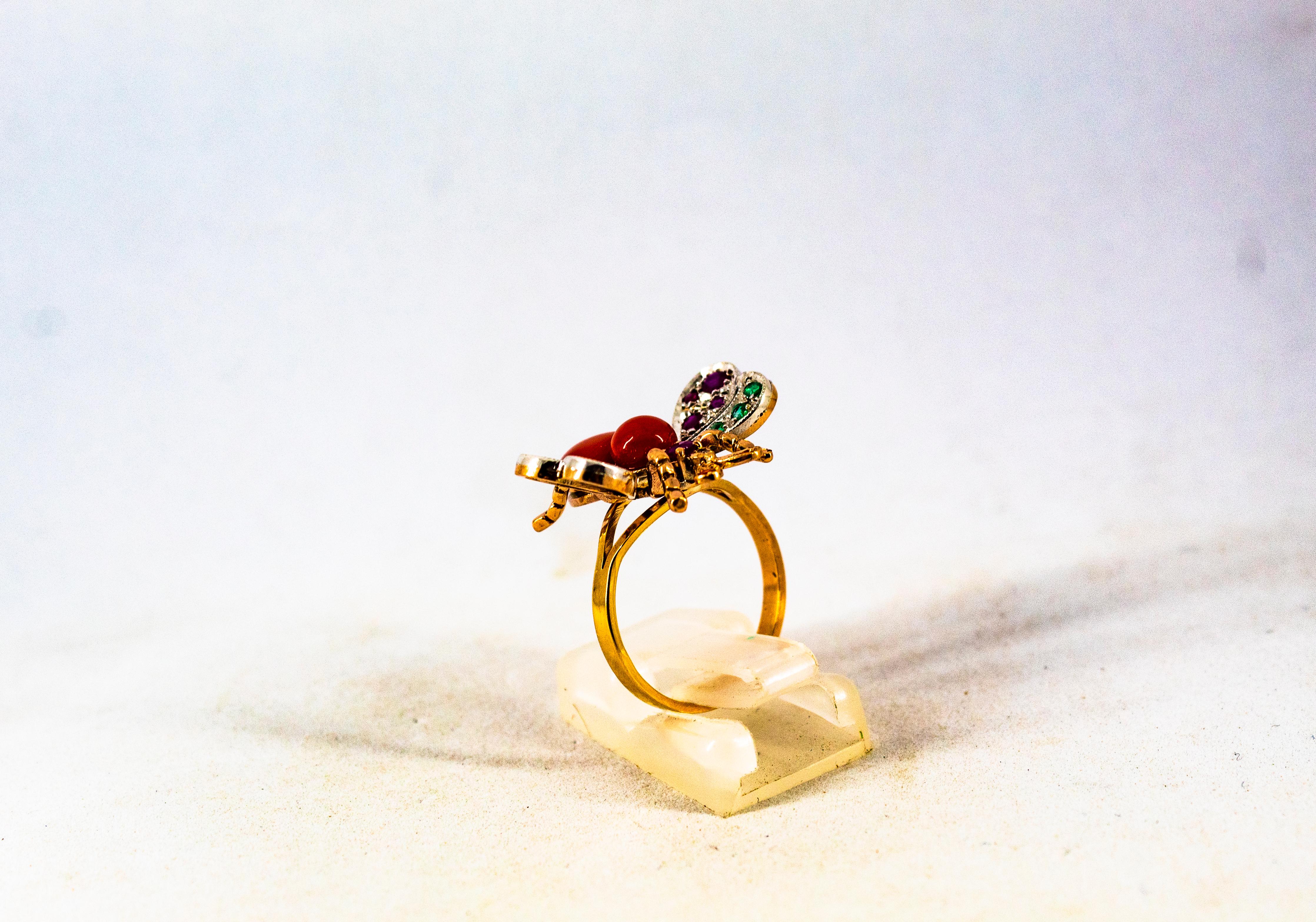Art Nouveau Style White Diamond Emerald Ruby Red Coral Yellow Gold Cocktail Ring For Sale 2