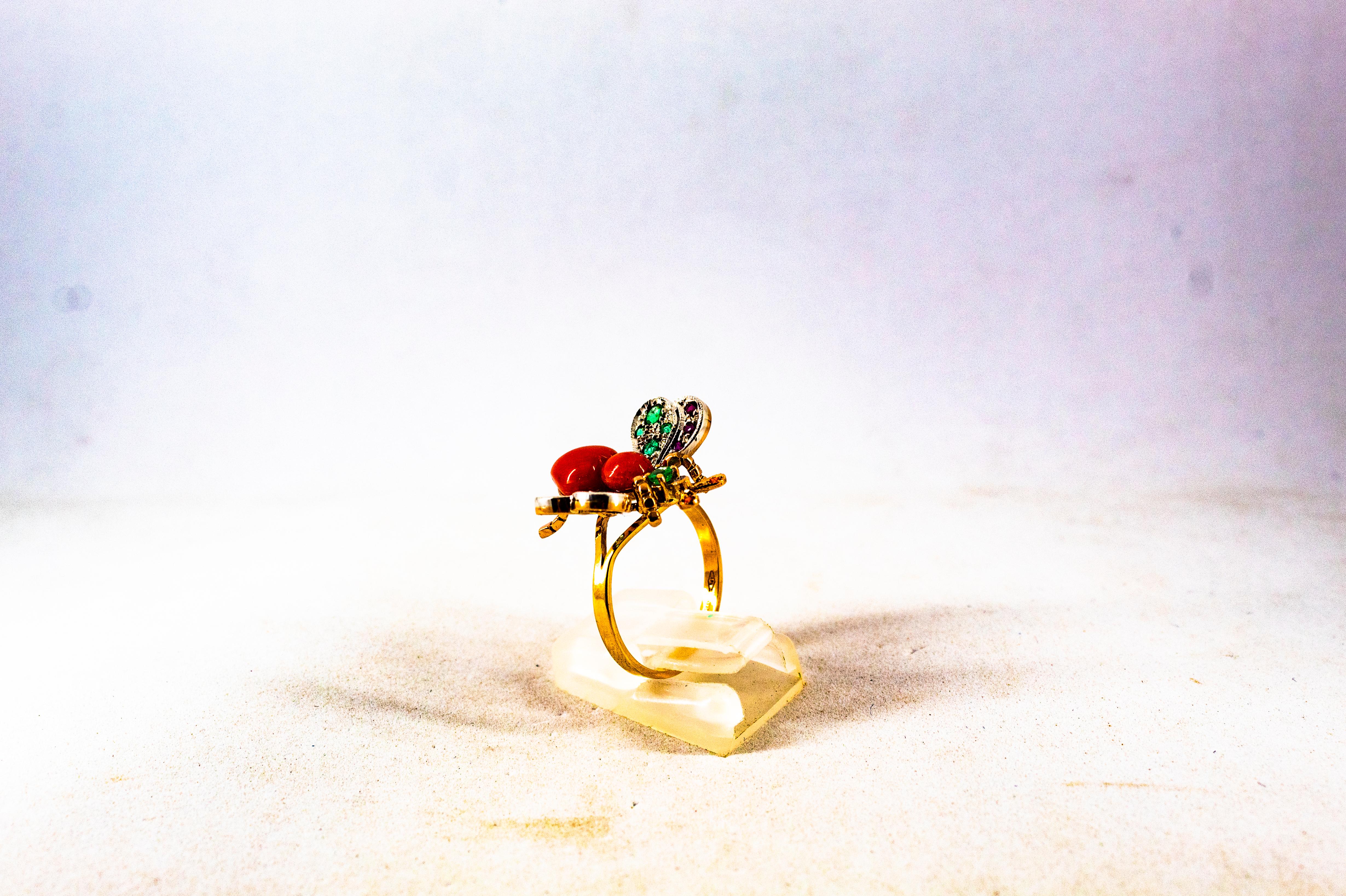 Art Nouveau Style White Diamond Emerald Ruby Red Coral Yellow Gold Cocktail Ring 2