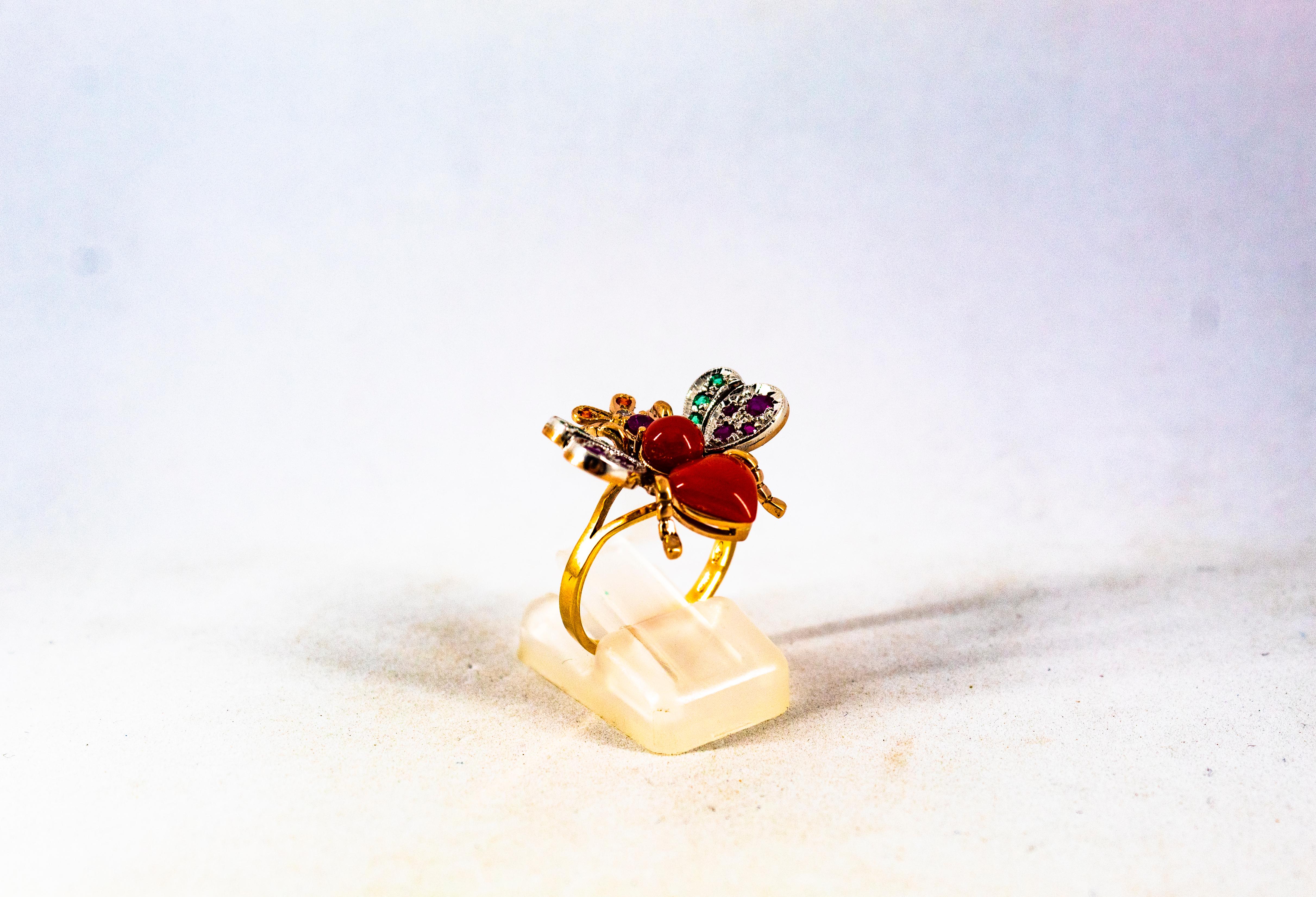 Art Nouveau Style White Diamond Emerald Ruby Red Coral Yellow Gold Cocktail Ring For Sale 3