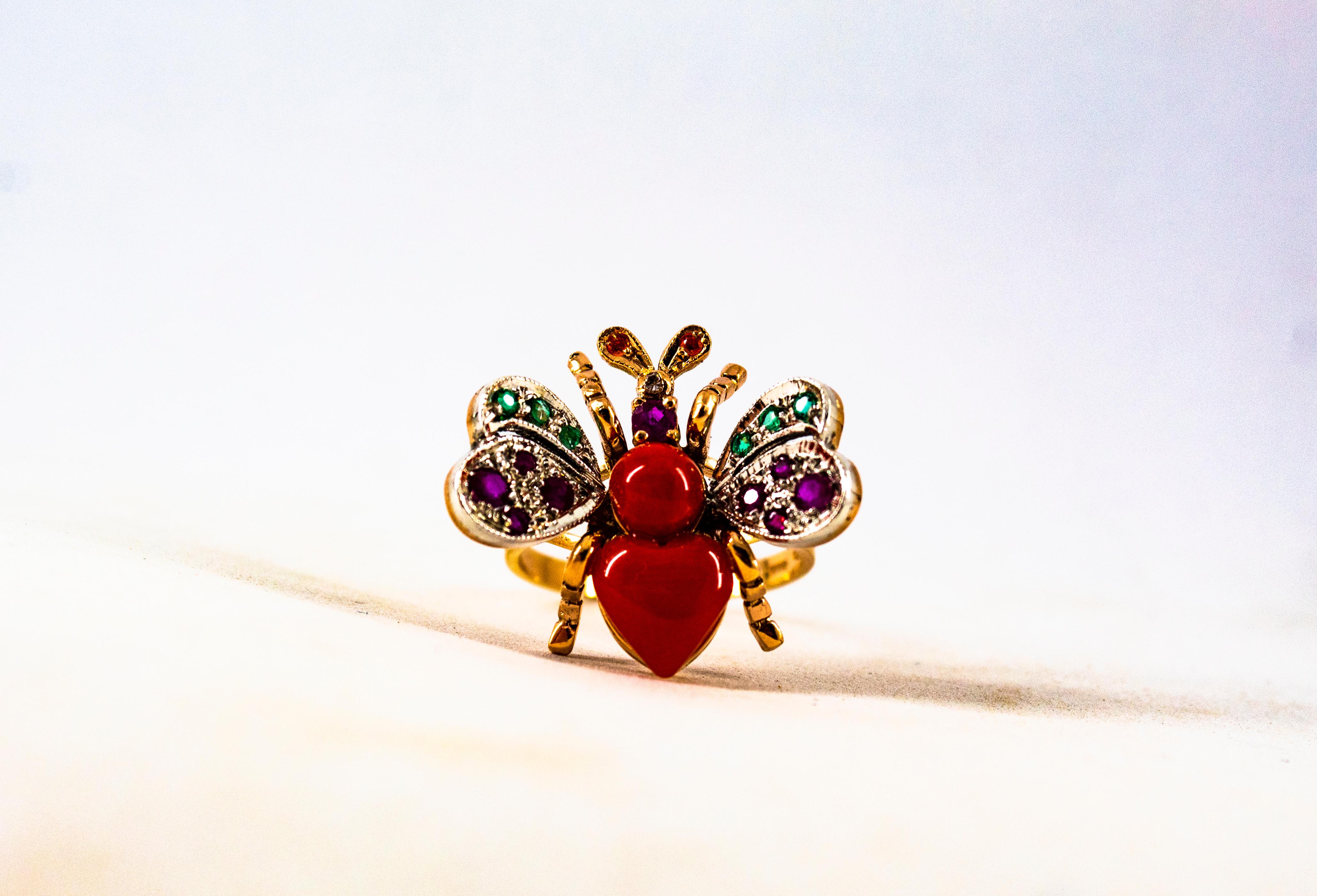 Art Nouveau Style White Diamond Emerald Ruby Red Coral Yellow Gold Cocktail Ring For Sale 3