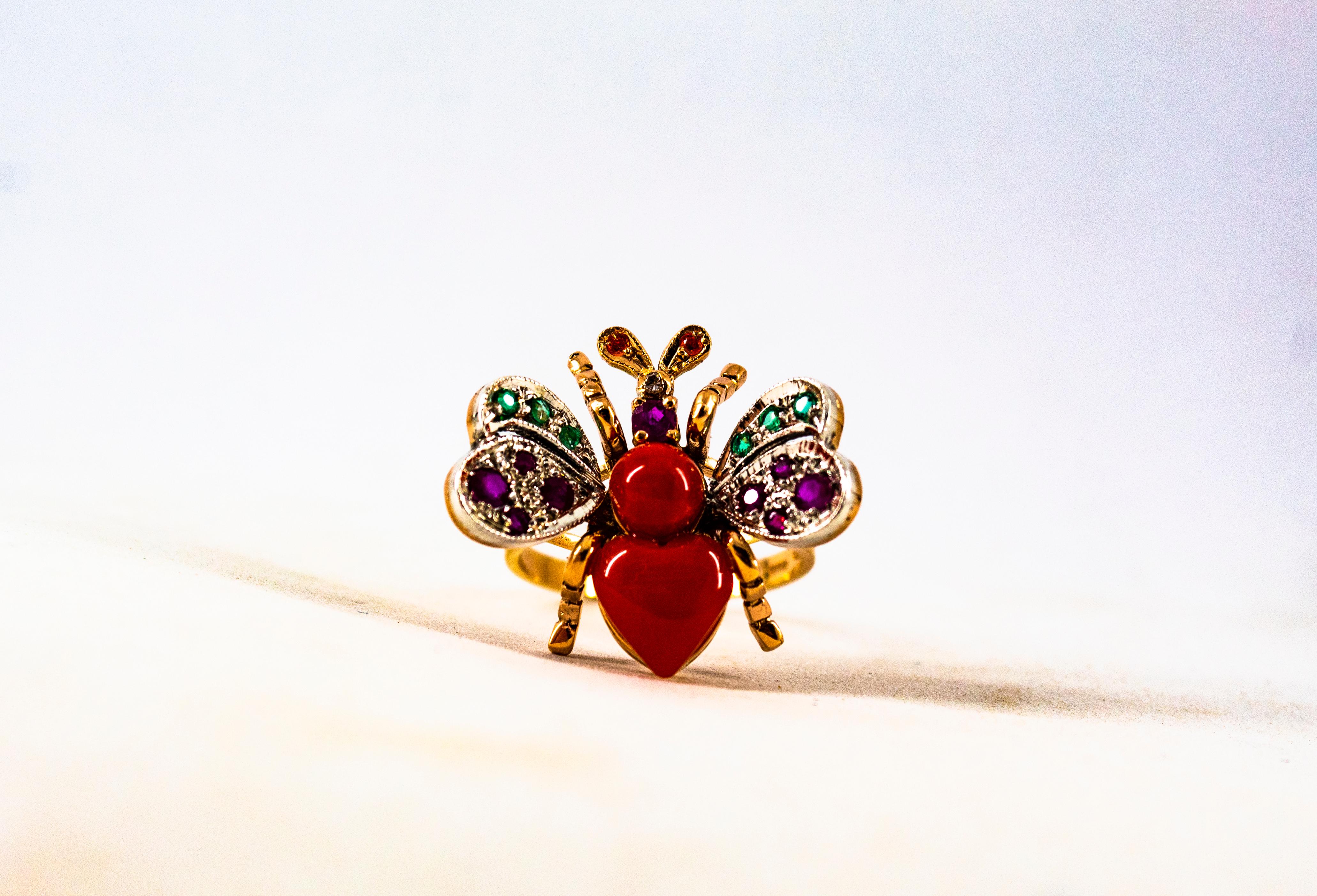 Art Nouveau Style White Diamond Emerald Ruby Red Coral Yellow Gold Cocktail Ring For Sale 4